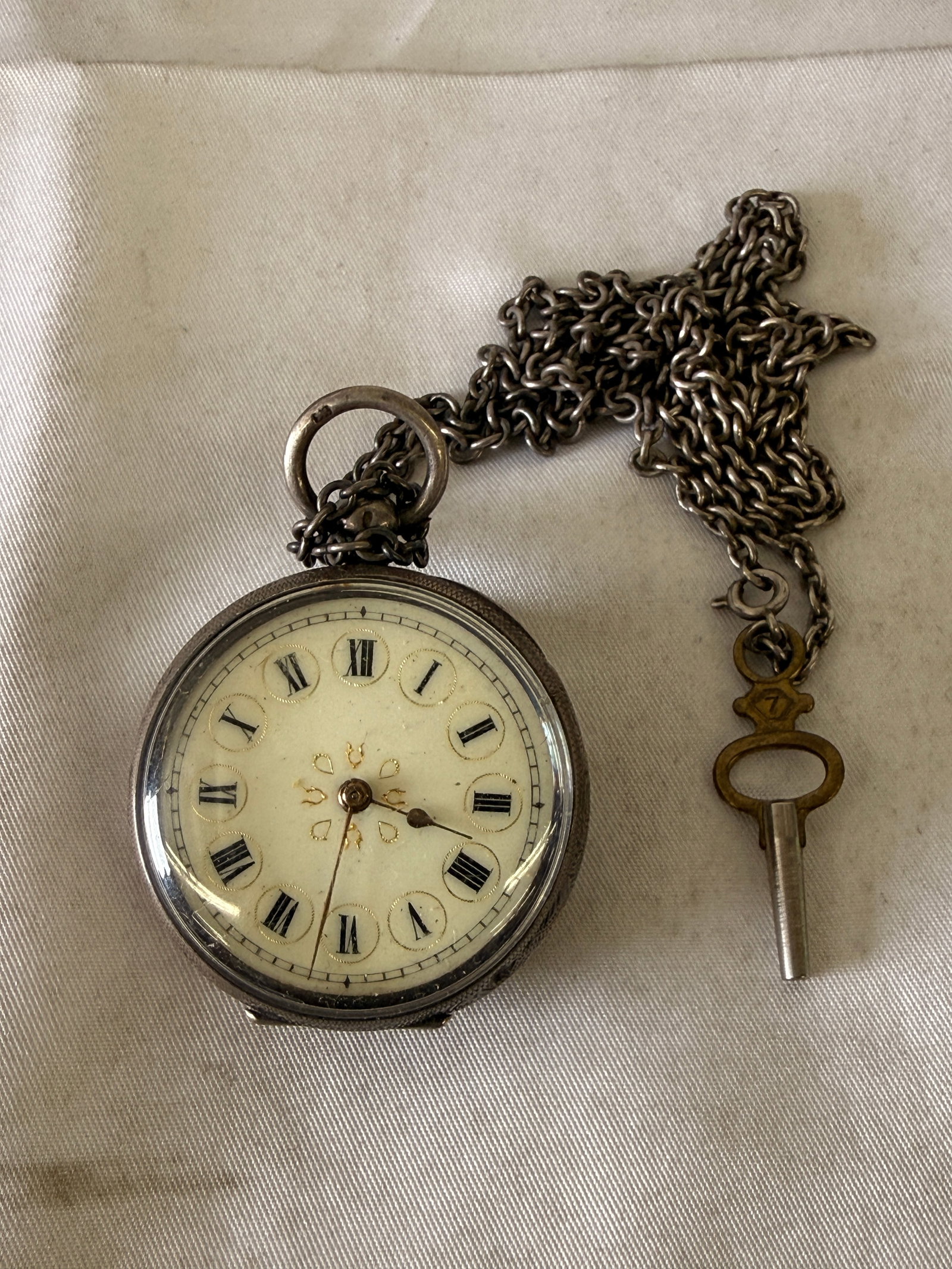 Antique Silver Key-Wind Pocket Watch with Engraved Case and Fob Chain (1 of 3)