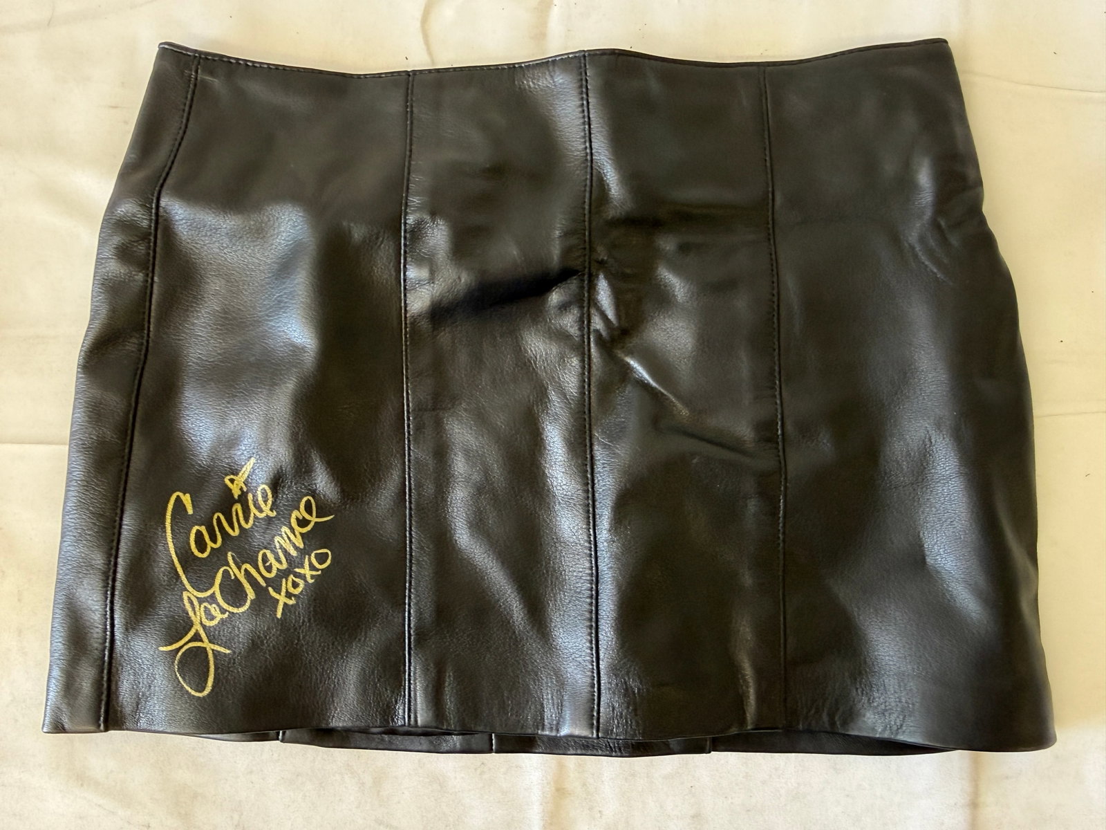 Carrie LaChance Signed Black Leather Mini Skirt XS Gold Autograph XOXO (1 of 3)