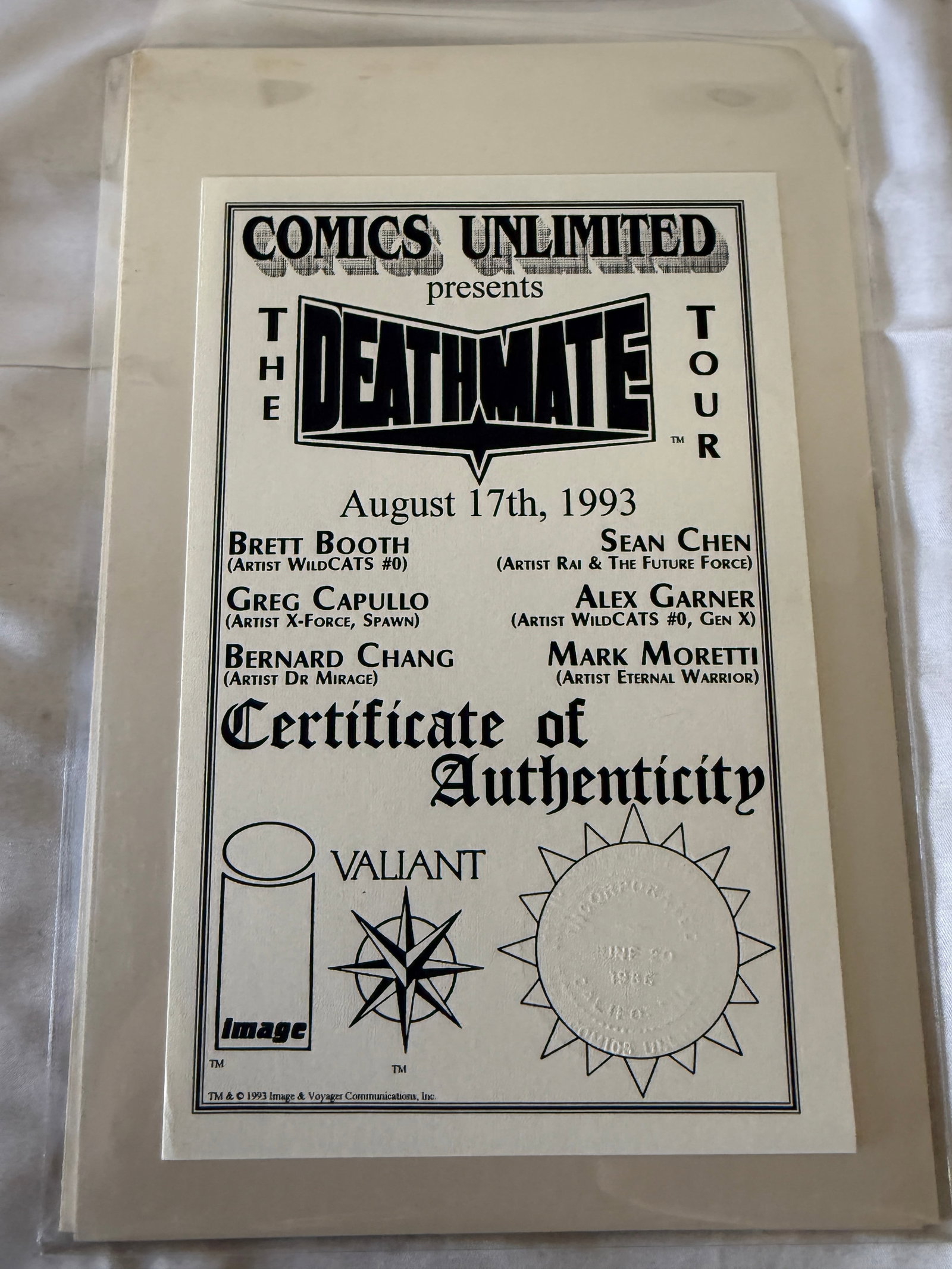 Deathmate Tour 1993 Comics Unlimited Certificate of Authenticity Image Valiant: Deathmate Tour 1993 Comics Unlimited Certificate of Authenticity Image Valiant