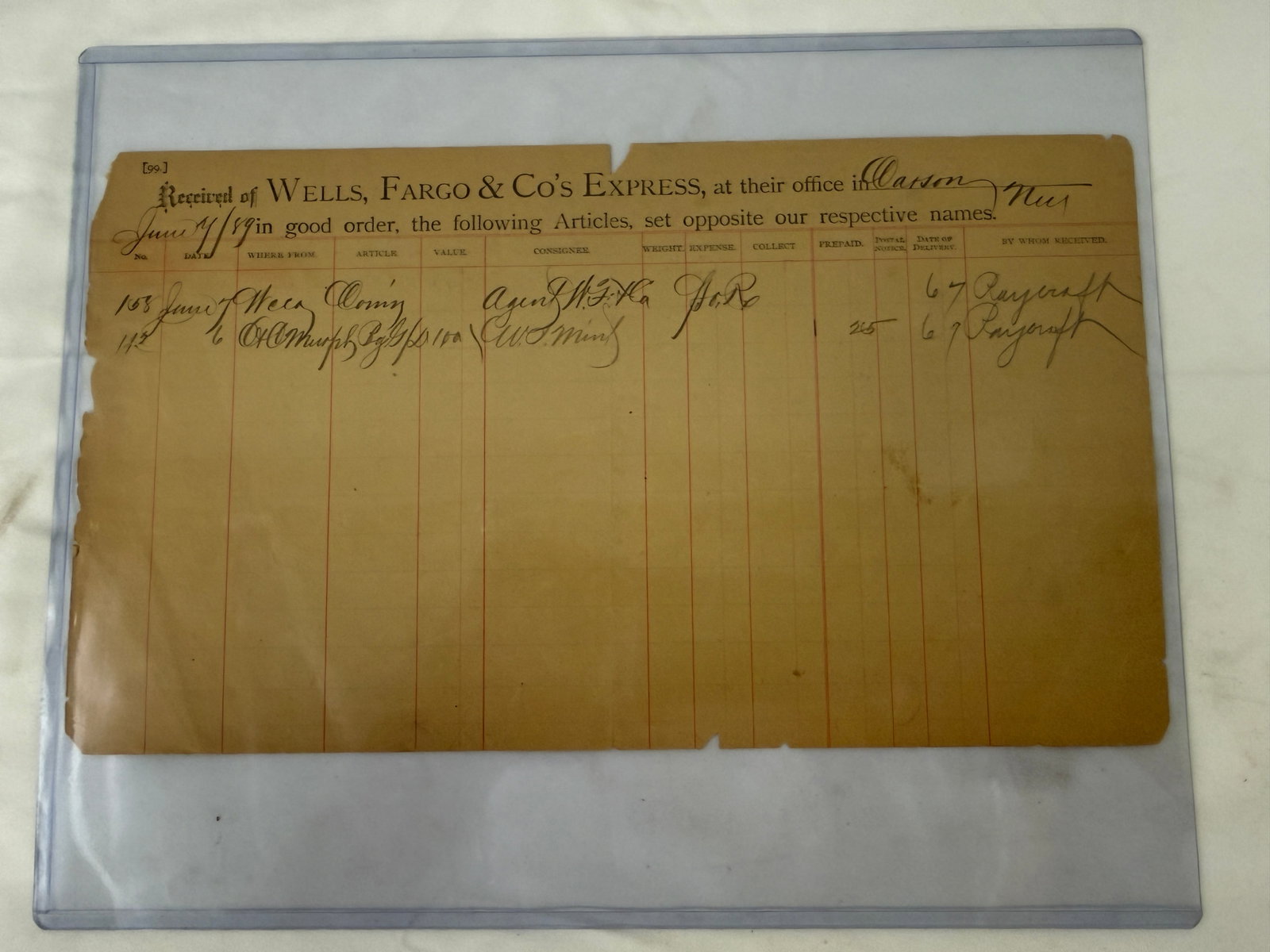 Wells Fargo & Co's Express Carson Nevada 1889 Original Receipt Documents Set (1 of 2)