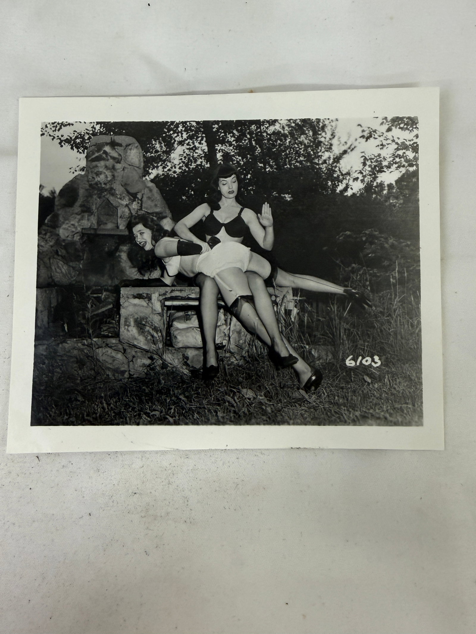 Vintage 1950s Irving Klaw Bettie Page Original B&W Pin Up Photograph: Vintage 1950s Irving Klaw Bettie Page Original B&W Pin Up Photograph. 3" x 5". Printed from the original negative.