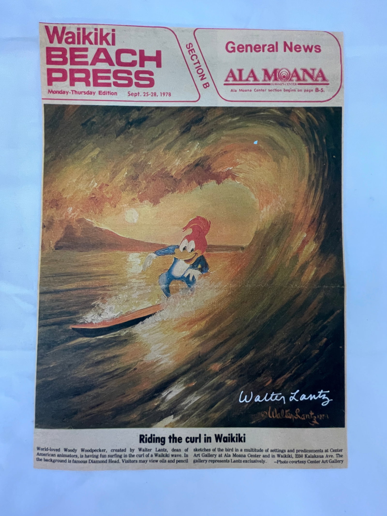 Woody Woodpecker Walter Lantz Signed 1978 Waikiki Beach Press Newspaper Cover (1 of 5)