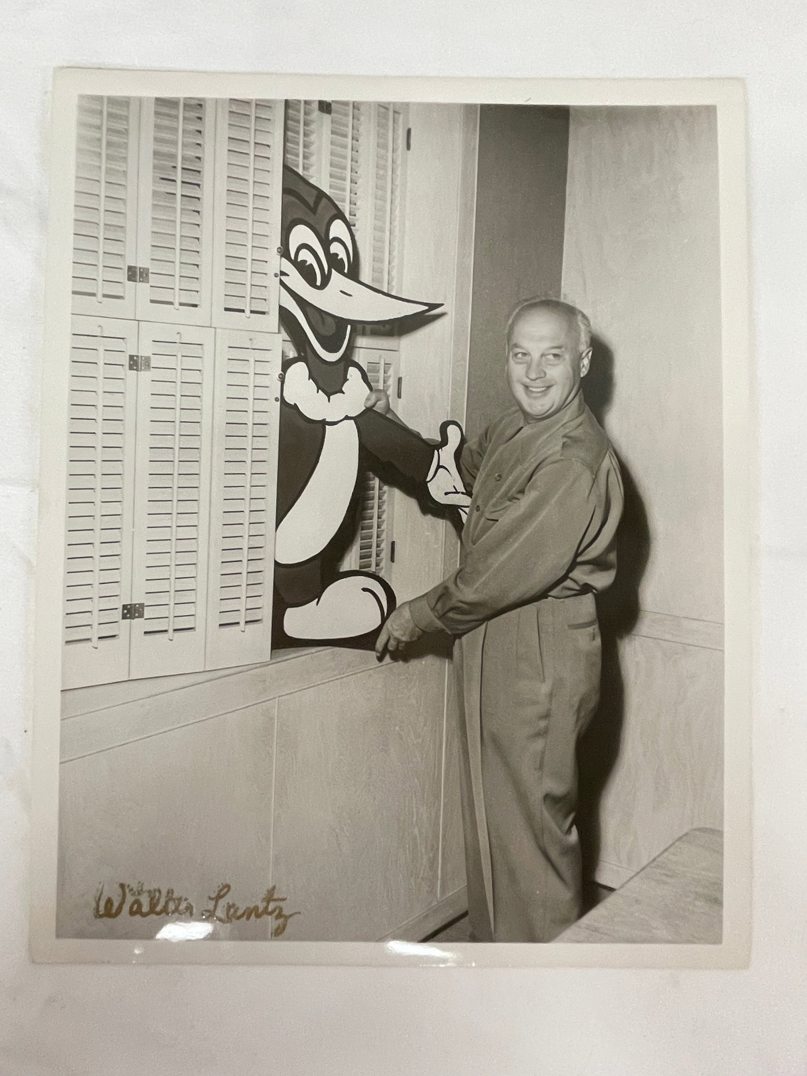Walter Lantz Signed B&W Photo with Woody Woodpecker Cutout, 8x10: Walter Lantz Signed B&W Photo with Woody Woodpecker Cutout, 8x10