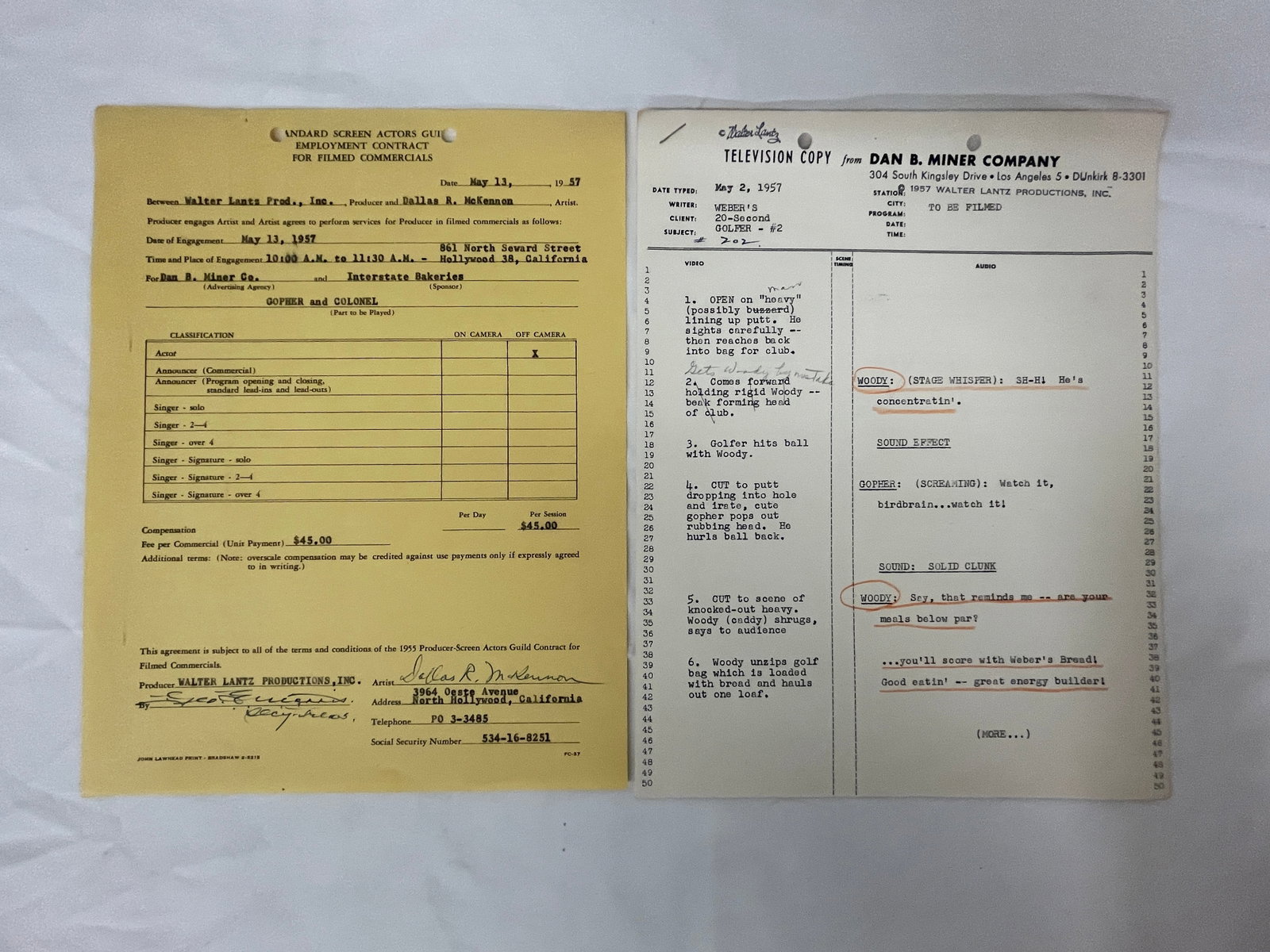 Woody Woodpecker Walter Lantz 1957 SAG Contract & TV Commercial Script Weber's Bread (1 of 5)