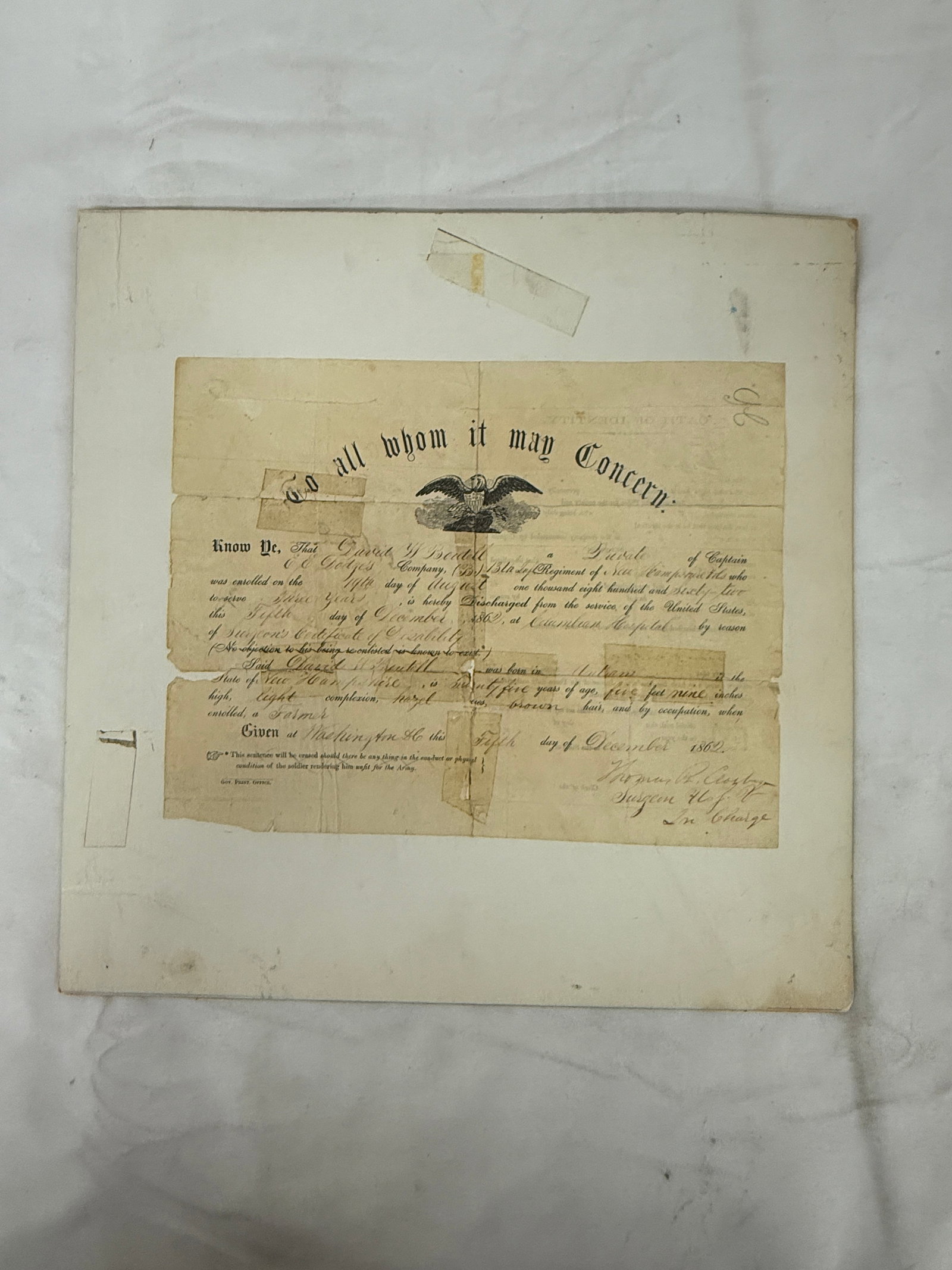 Civil War 1862 Union Army Discharge Document 13th NH Infantry David Brentell (1 of 5)