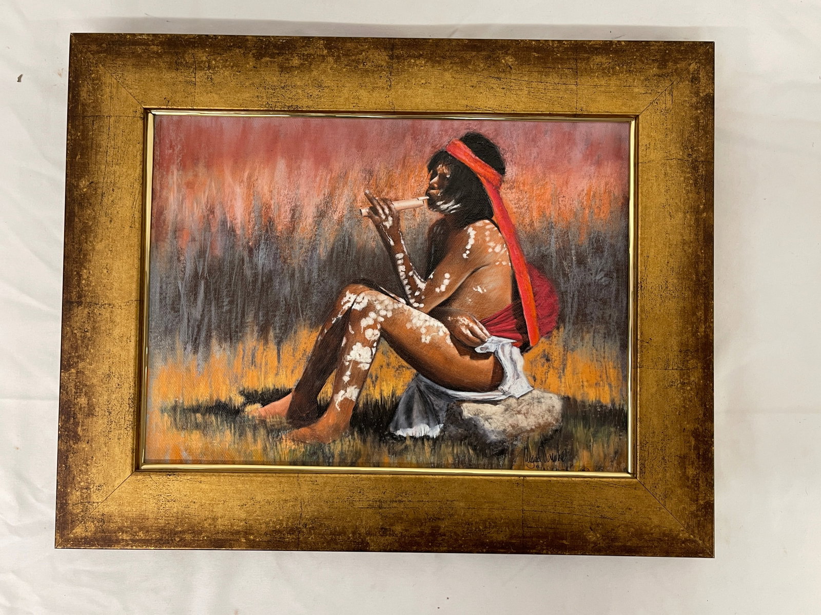 Aboriginal Australian Flute Player Oil on Canvas Painting, Signed, Gilt Frame (1 of 5)