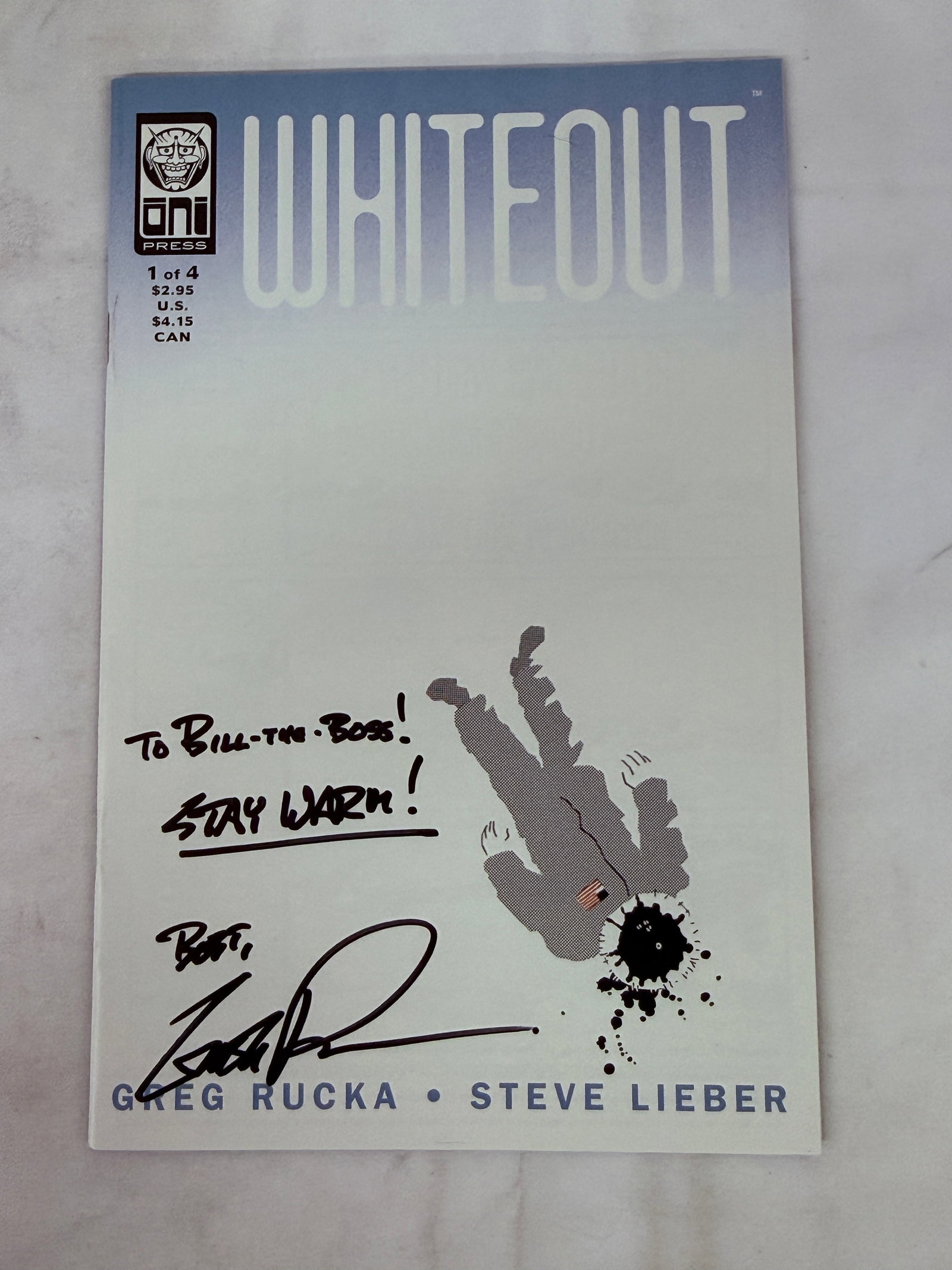Whiteout #1 Oni Press Comic Signed Greg Rucka Inscribed To Bill-The-Boss: Whiteout #1 Oni Press Comic Signed Greg Rucka Inscribed To Bill-The-Boss