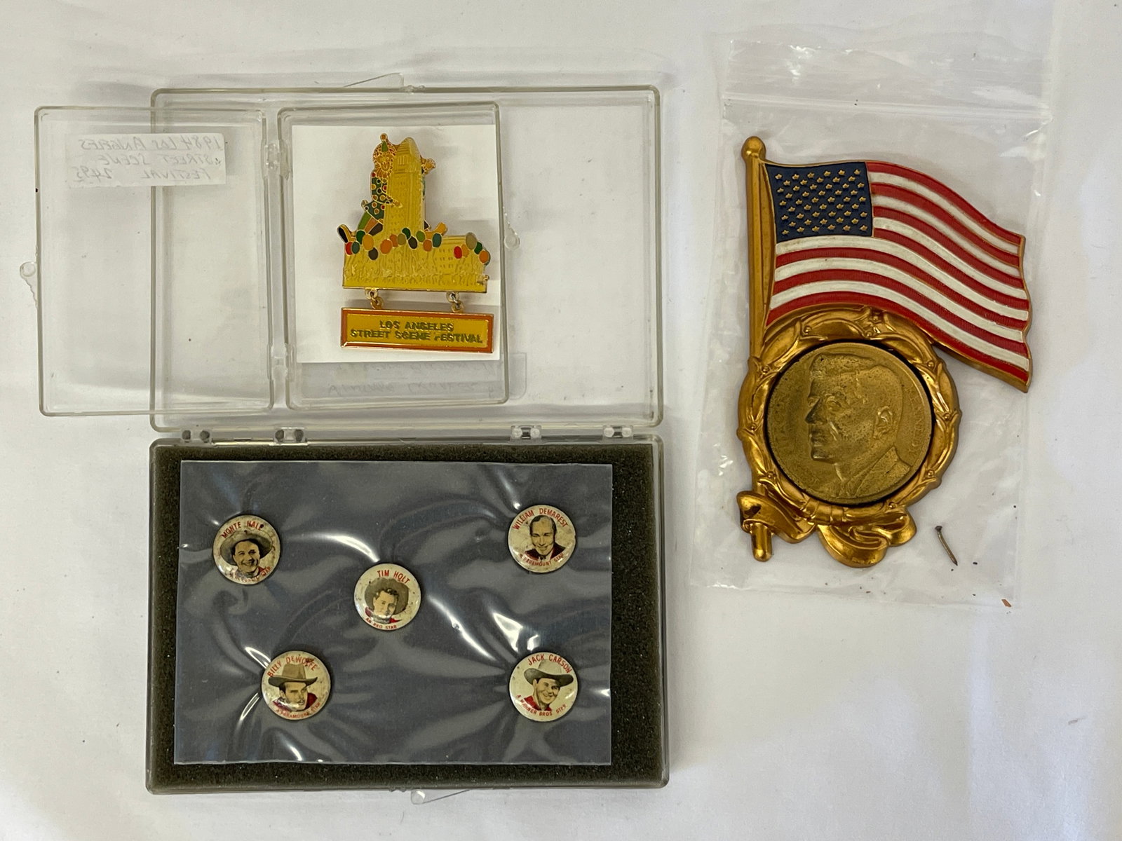 Vintage Collectible Pin Lot: 1984 LA Street Scene, Quaker Cereal Star Pins, Patriotic Plaque (1 of 7)