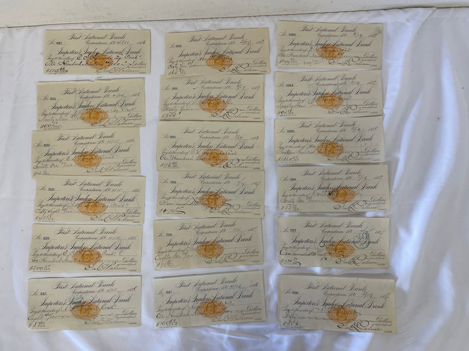 First National Bank Cooperstown NY 1876-1877 Antique Checks Collection of 18 (1 of 6)