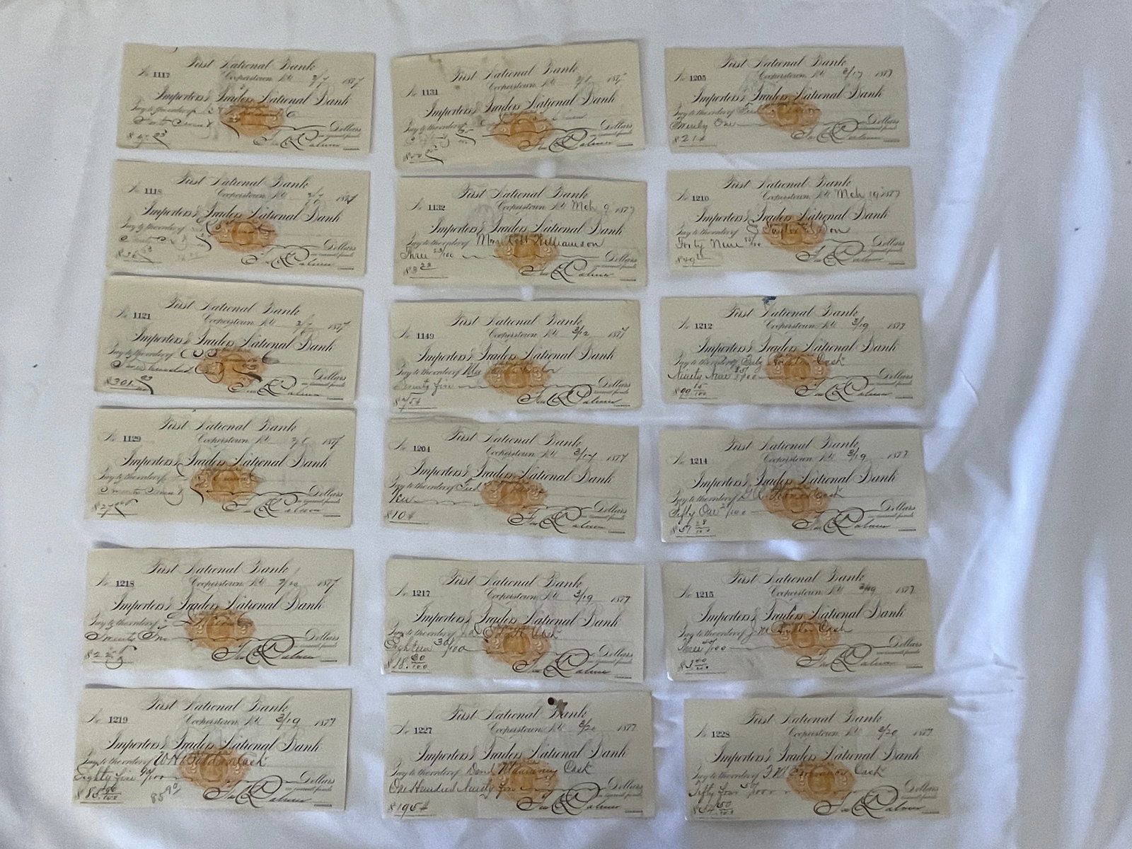 1877 First National Bank Cooperstown NY Antique Checks Collection of 18: 1877 First National Bank Cooperstown NY Antique Checks Collection of 18