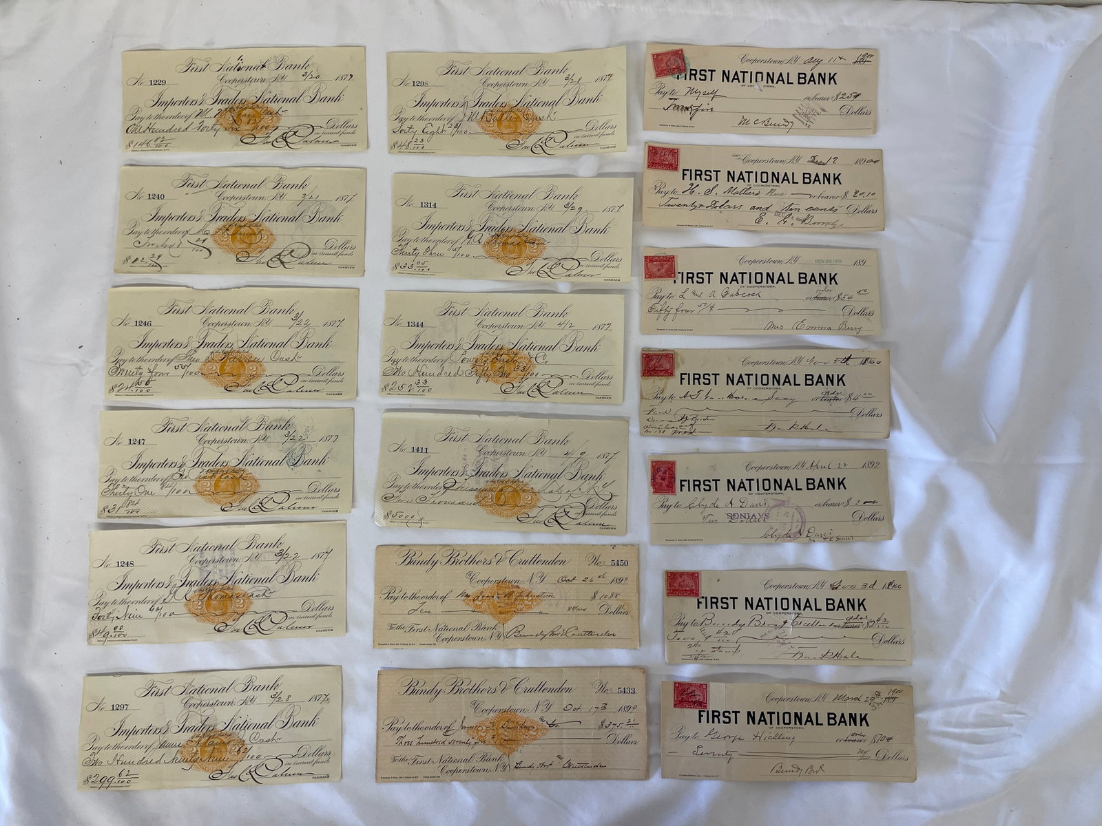 Collection of 18 Antique Checks First National Bank Cooperstown NY 1877-1900: Collection of 18 Antique Checks First National Bank Cooperstown NY 1877-1900