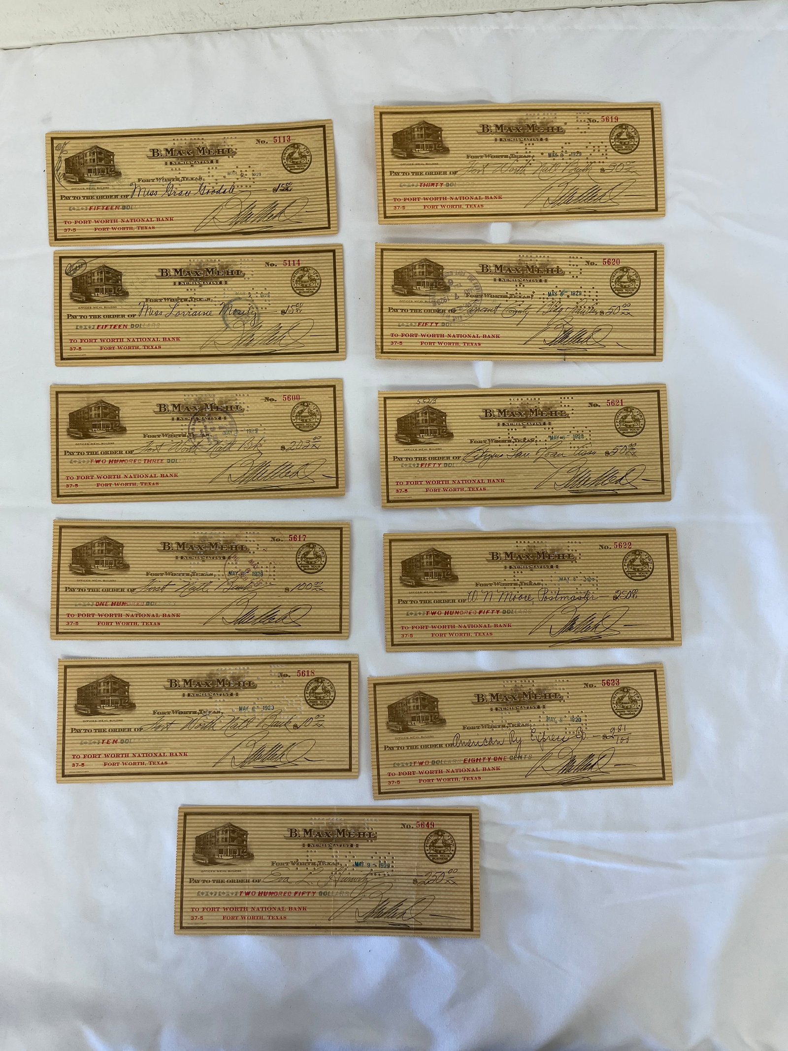 B. Max Mehl Numismatist Fort Worth TX 1929 Cancelled Checks Collection (11) (1 of 4)