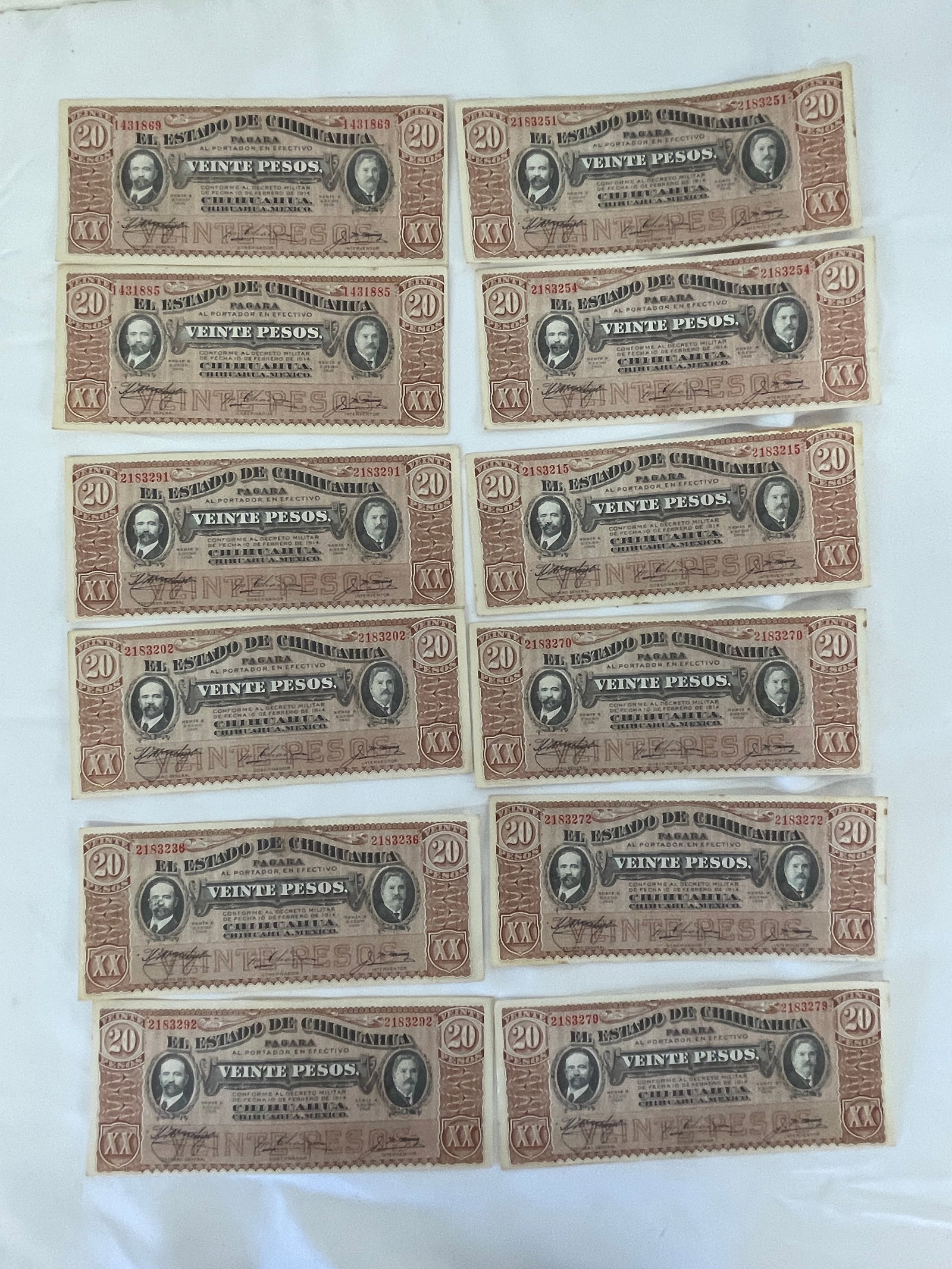 12x El Estado De Chihuahua 20 Pesos 1914 Mexican Revolution Banknotes: 12x El Estado De Chihuahua 20 Pesos 1914 Mexican Revolution Banknotes