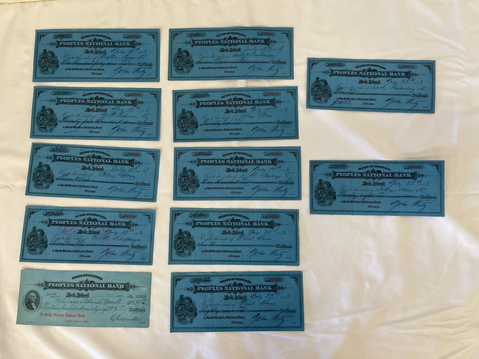 Peoples National Bank Rock Island Illinois 1883 Antique Checks Collection (13) (1 of 5)