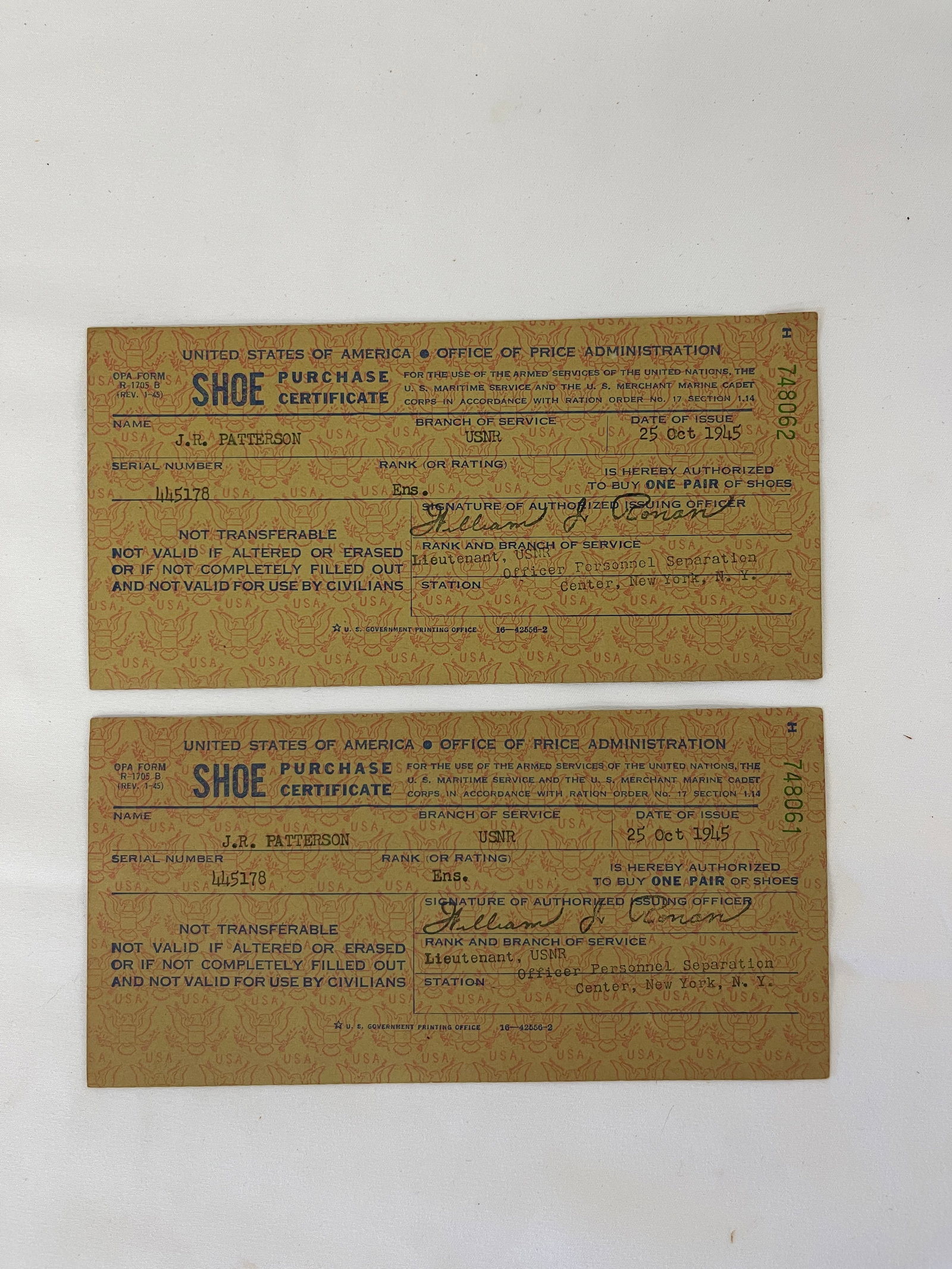 WWII 1945 OPA Shoe Purchase Certificates USNR Ensign J.R. Patterson Pair (1 of 5)