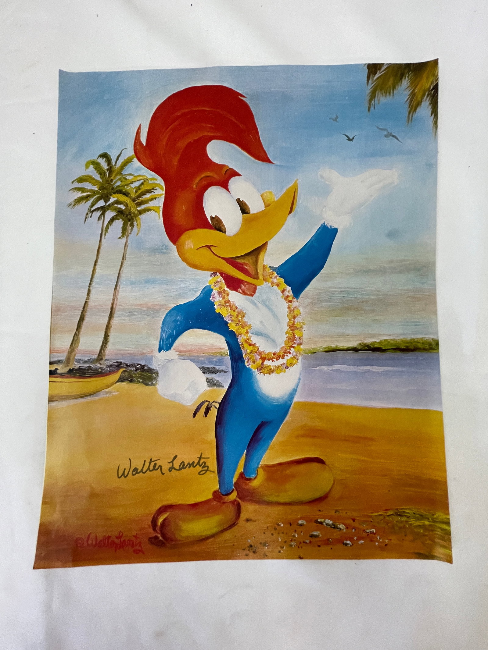 Woody Woodpecker Walter Lantz Signed Original Painting Hawaii Beach Scene (1 of 4)