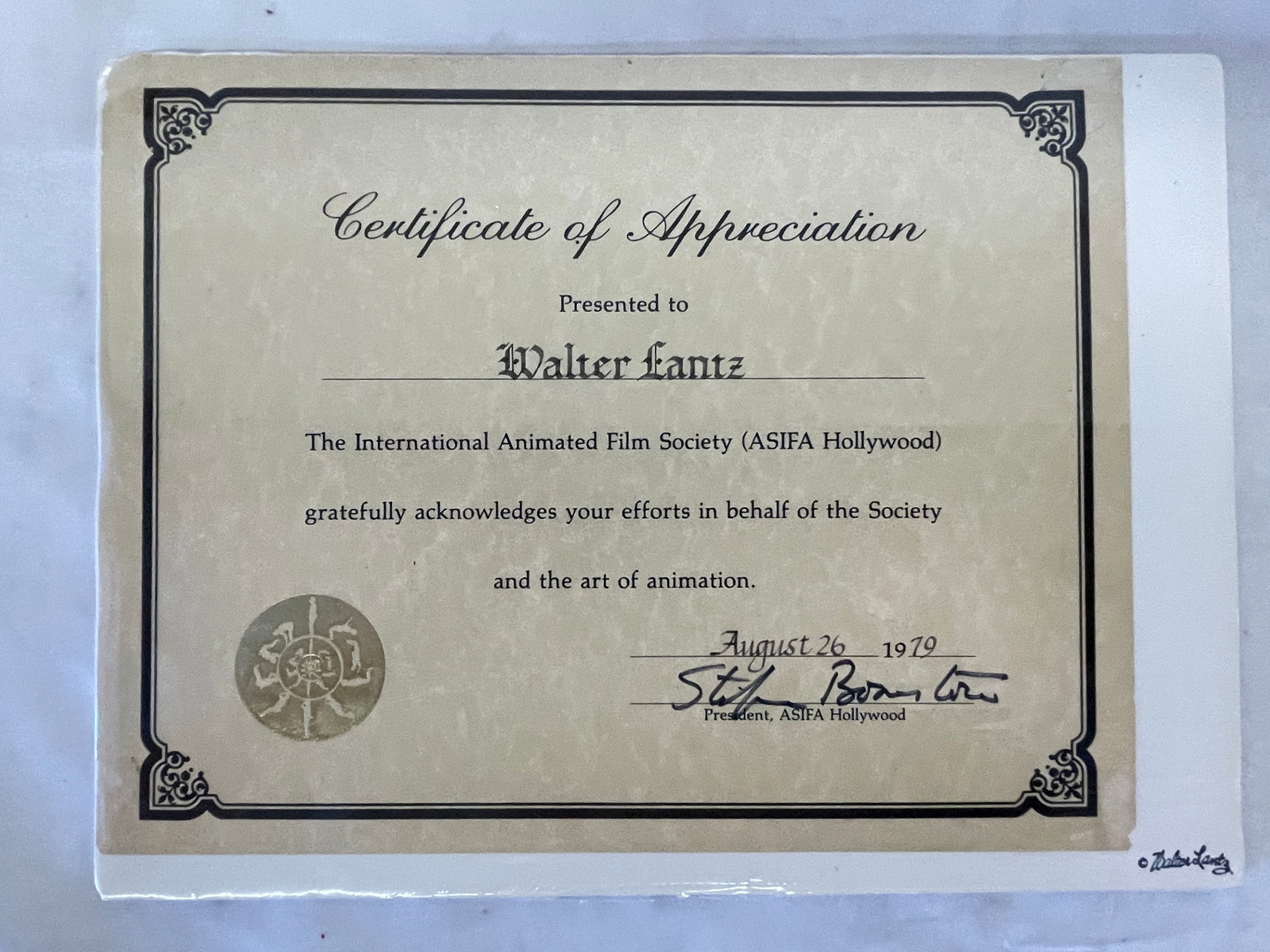 Walter Lantz ASIFA Hollywood Certificate of Appreciation, Signed, 1979 (1 of 4)