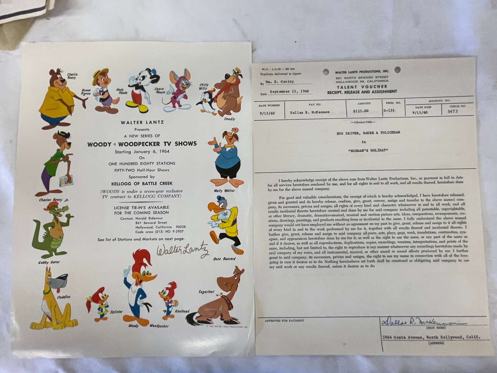 Walter Lantz Woody Woodpecker 1964 Signed Promo Sheet & 1960 Talent Voucher (1 of 7)