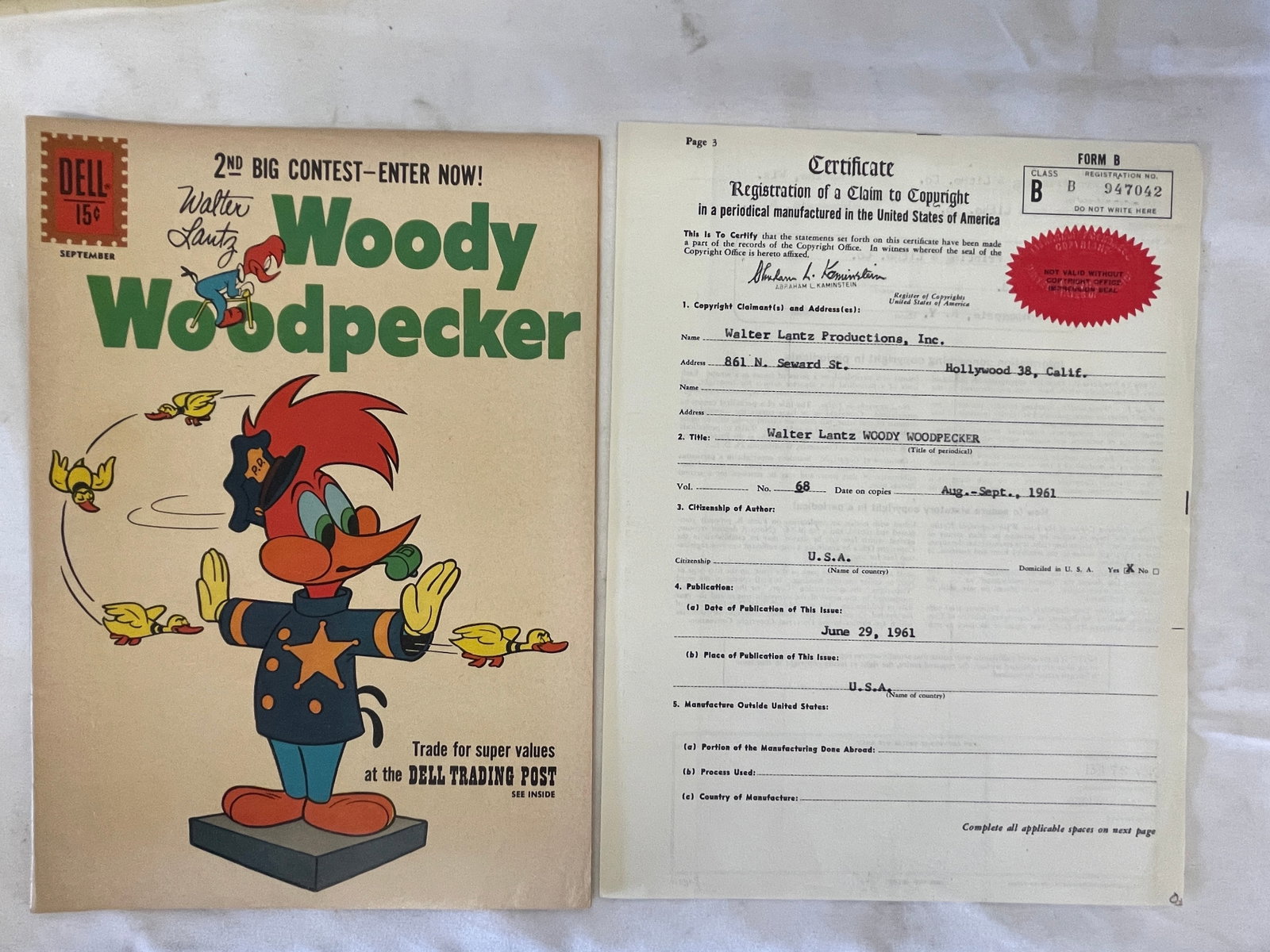 Walter Lantz Woody Woodpecker Dell Comic #68 1961 w/ Copyright Certificate (1 of 5)