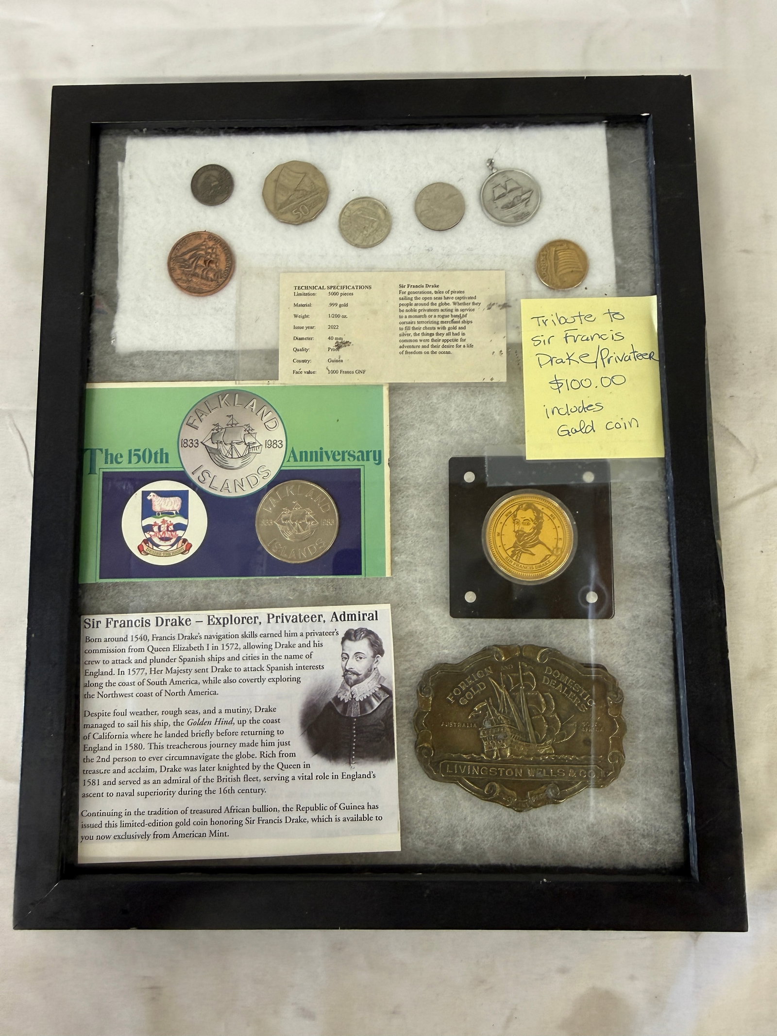 Sir Francis Drake Tribute Framed Coin Collection w/ 2022 Guinea .999 Gold Coin