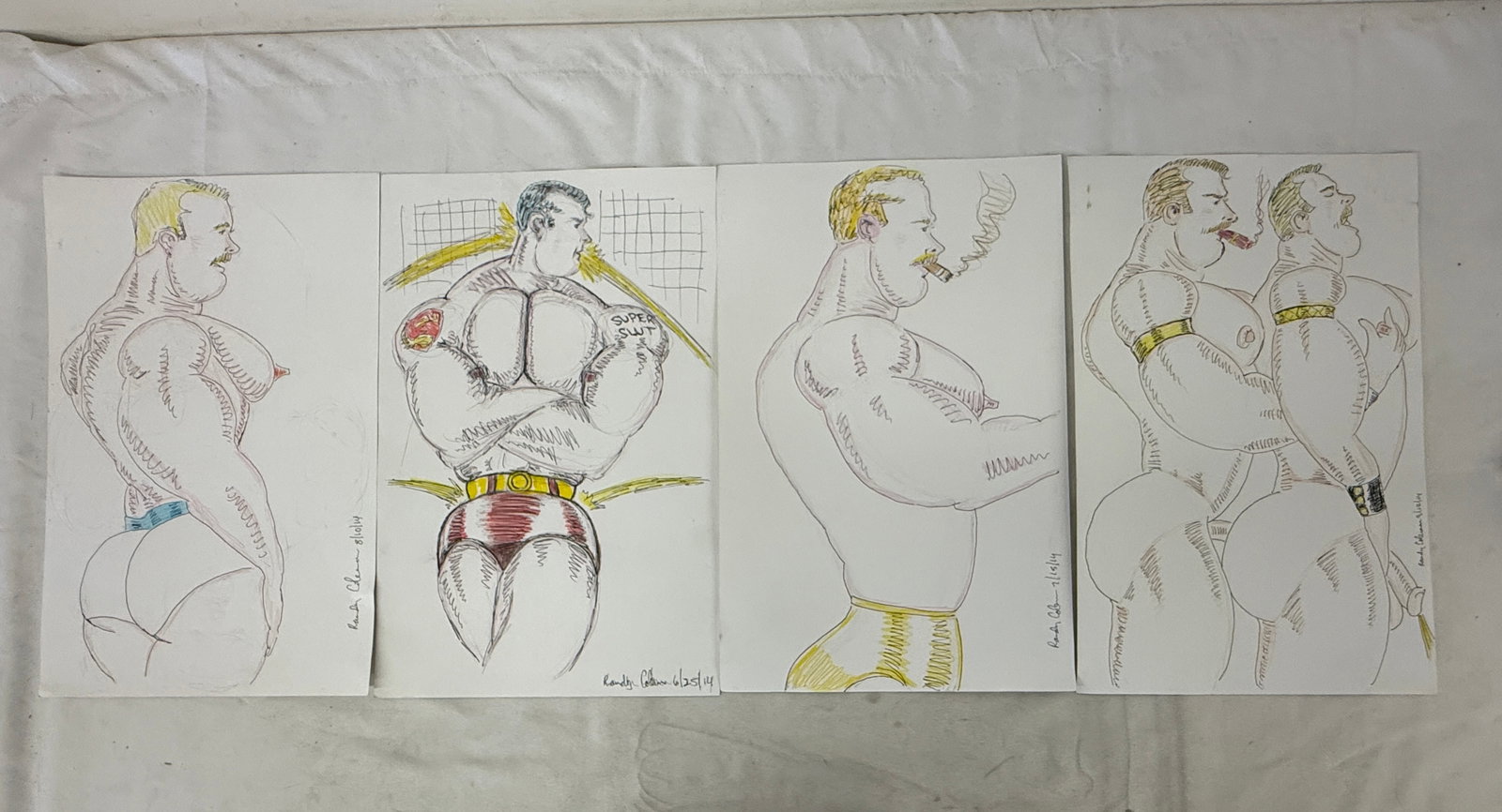 Randy Coleman Original Ink Drawings Muscle Figure Studies Set of 4, 17x11: Randy Coleman Original Ink Drawings Muscle Figure Studies Set of 4, 17x11