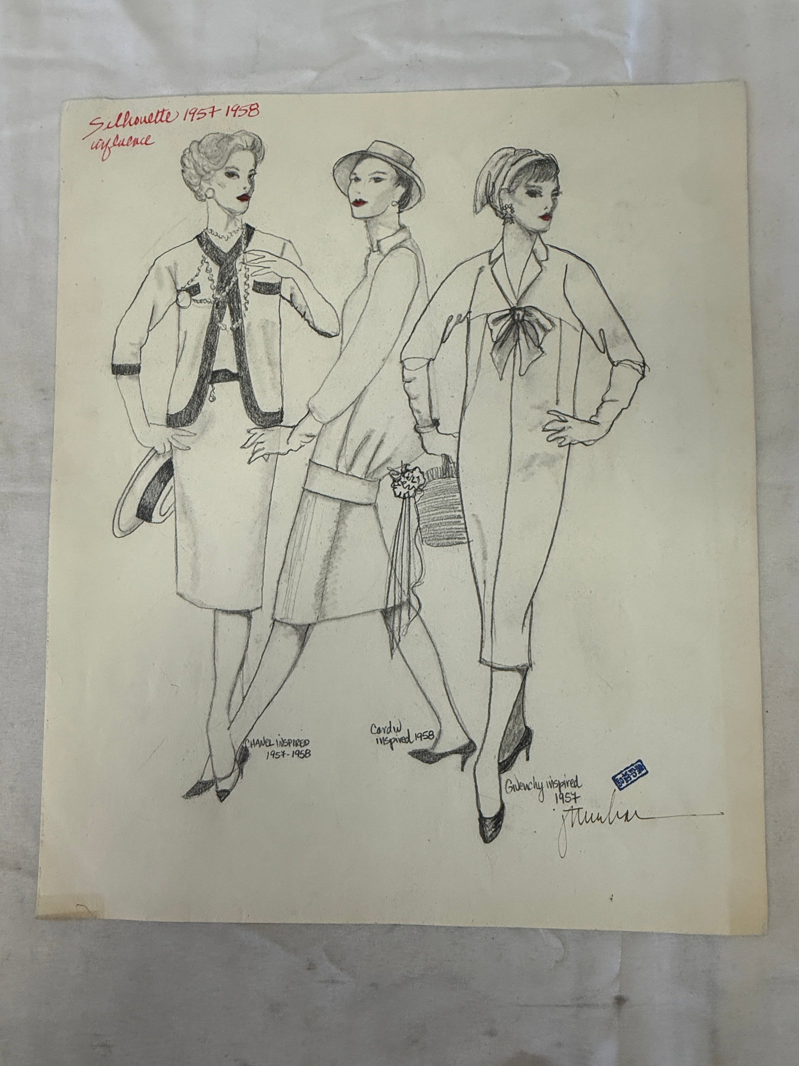 Original Fashion Illustration Chanel Givenchy Inspired Silhouette 1957-1958 Signed (1 of 4)