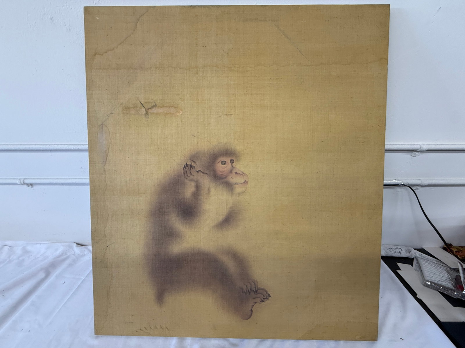 Japanese Ink on Silk Painting of a Young Monkey, 34x30 inches (1 of 4)