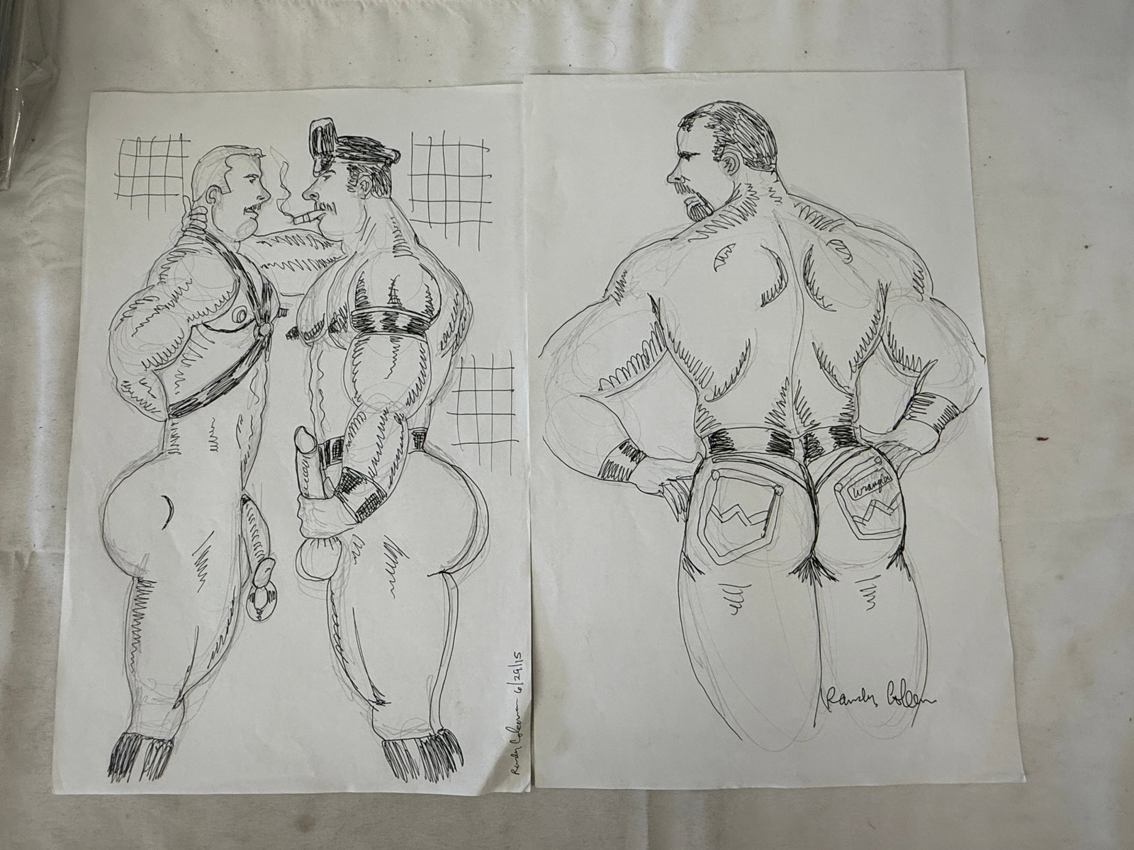 Randy Coleman Original Ink Drawings Homoerotic Leather Men 17x11 Signed 2015: Randy Coleman Original Ink Drawings Homoerotic Leather Men 17x11 Signed 2015