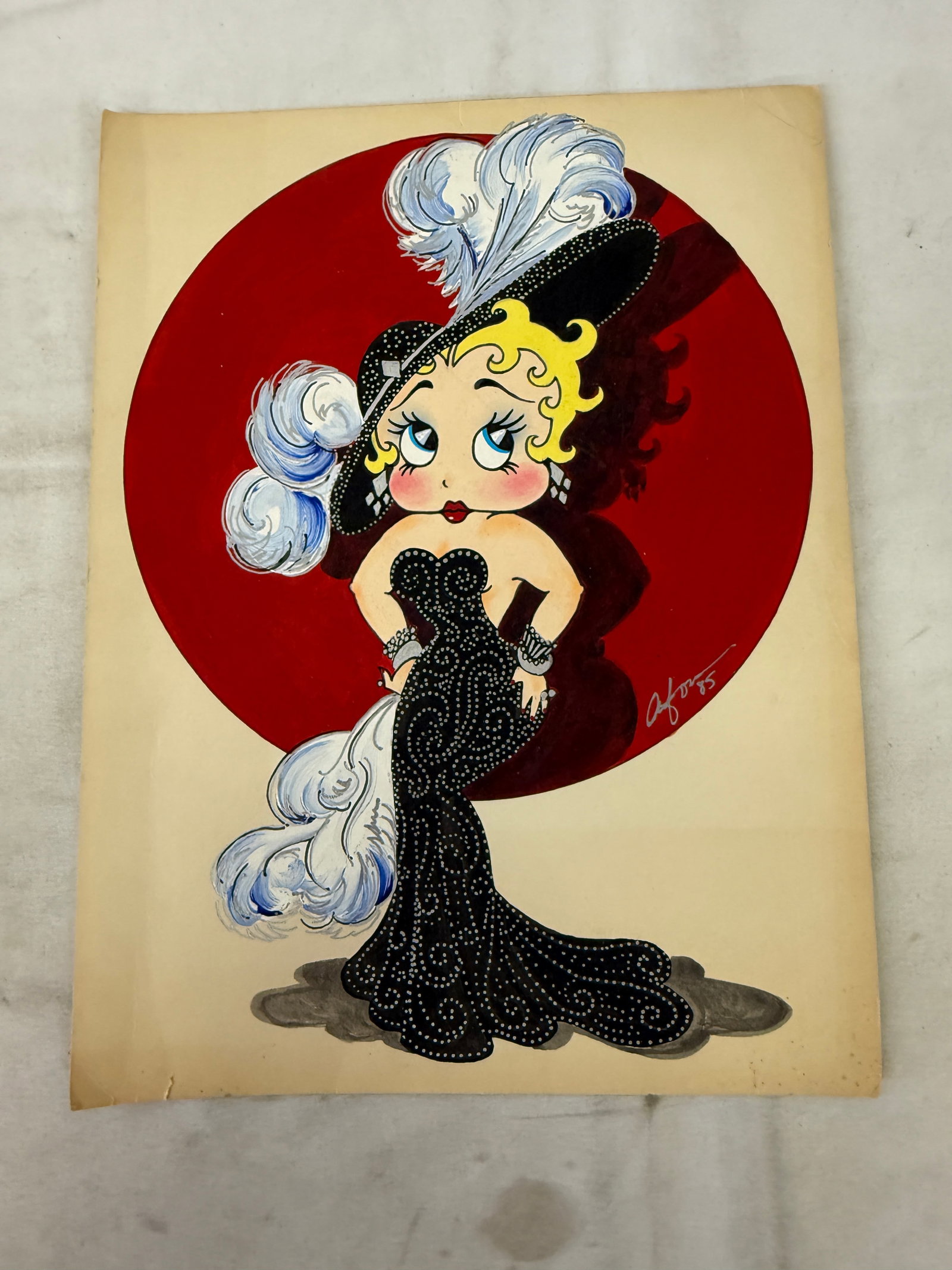 Betty Boop Original Gouache Painting on Paper Signed & Dated 1985, 15x11: Betty Boop Original Gouache Painting on Paper Signed & Dated 1985, 15x11