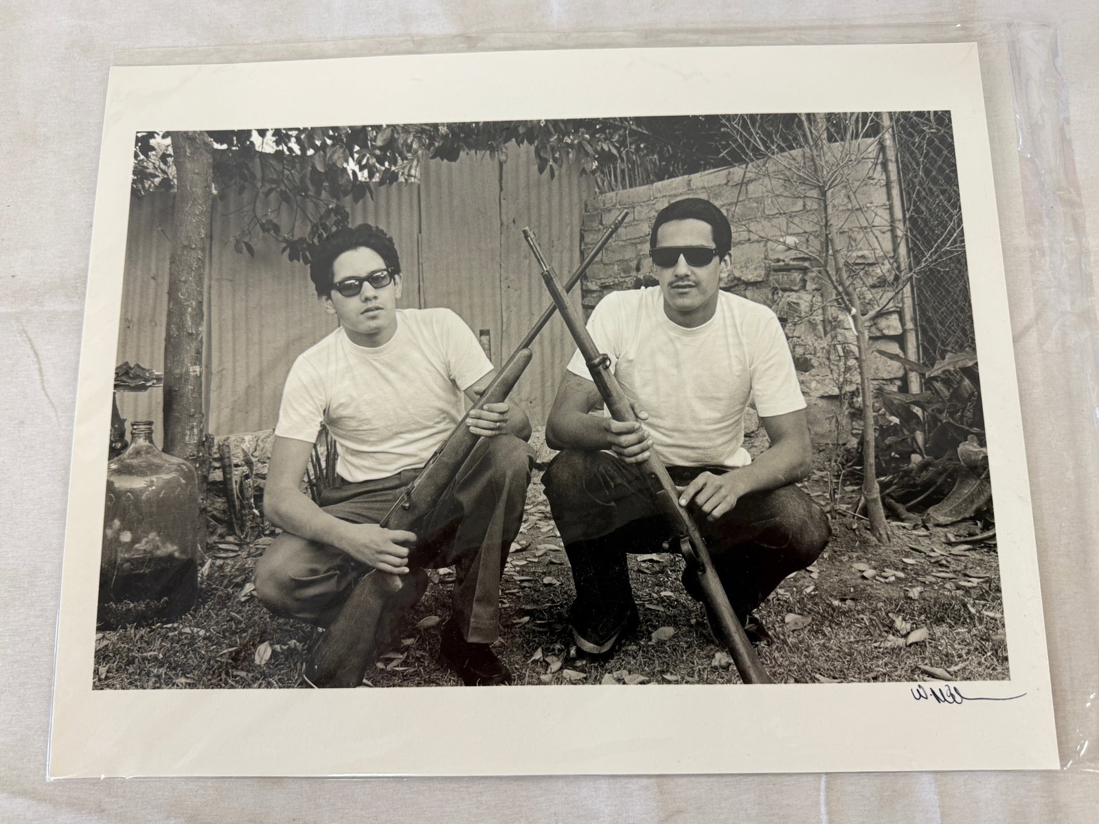 Signed Vintage B&W Photo Print Two Men with Rifles 14x11 inches