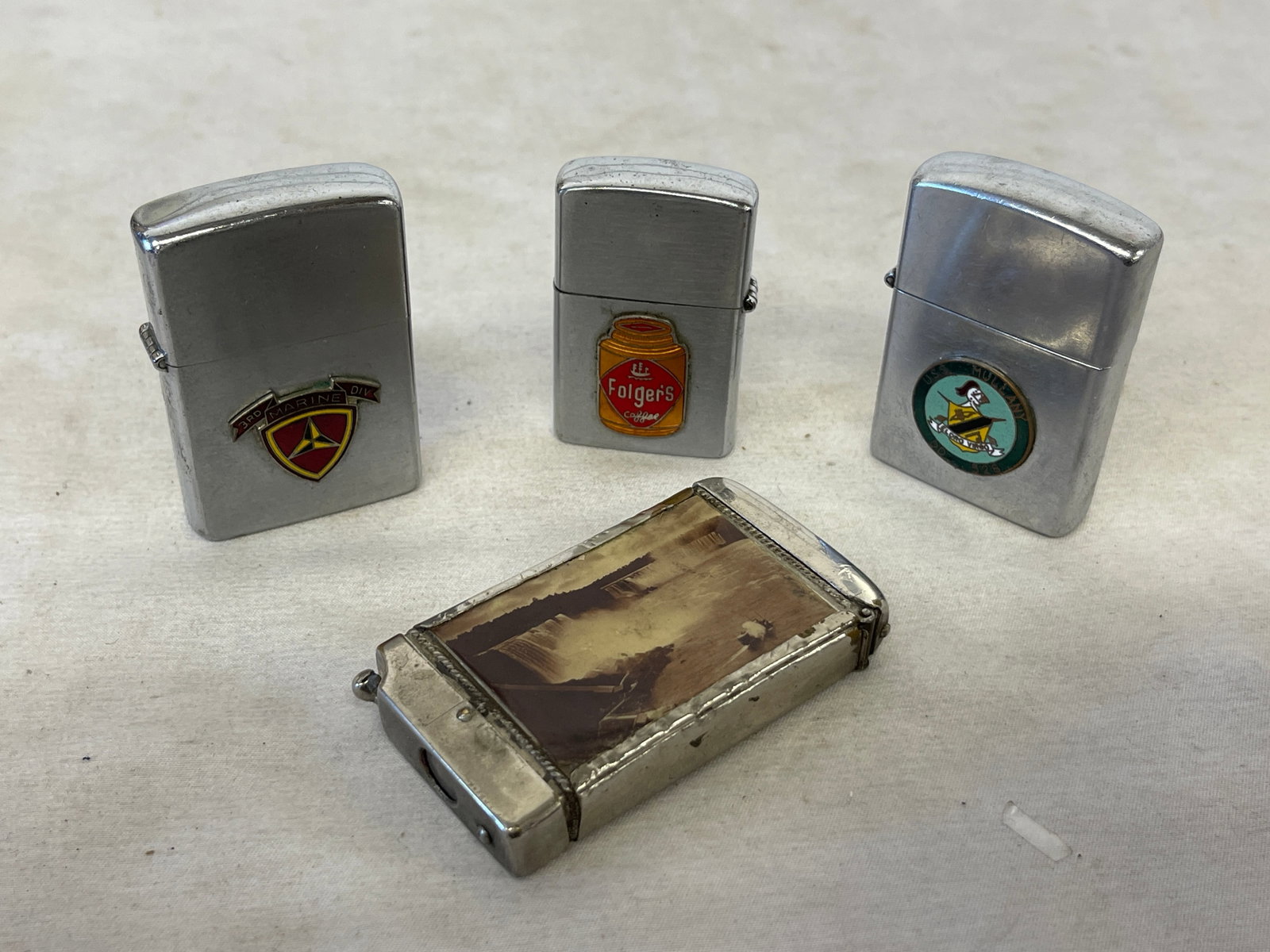 Vintage Lot of 4 Lighters: 3rd Marine Div, USS Mullany DD-528, Folgers Coffee (1 of 3)