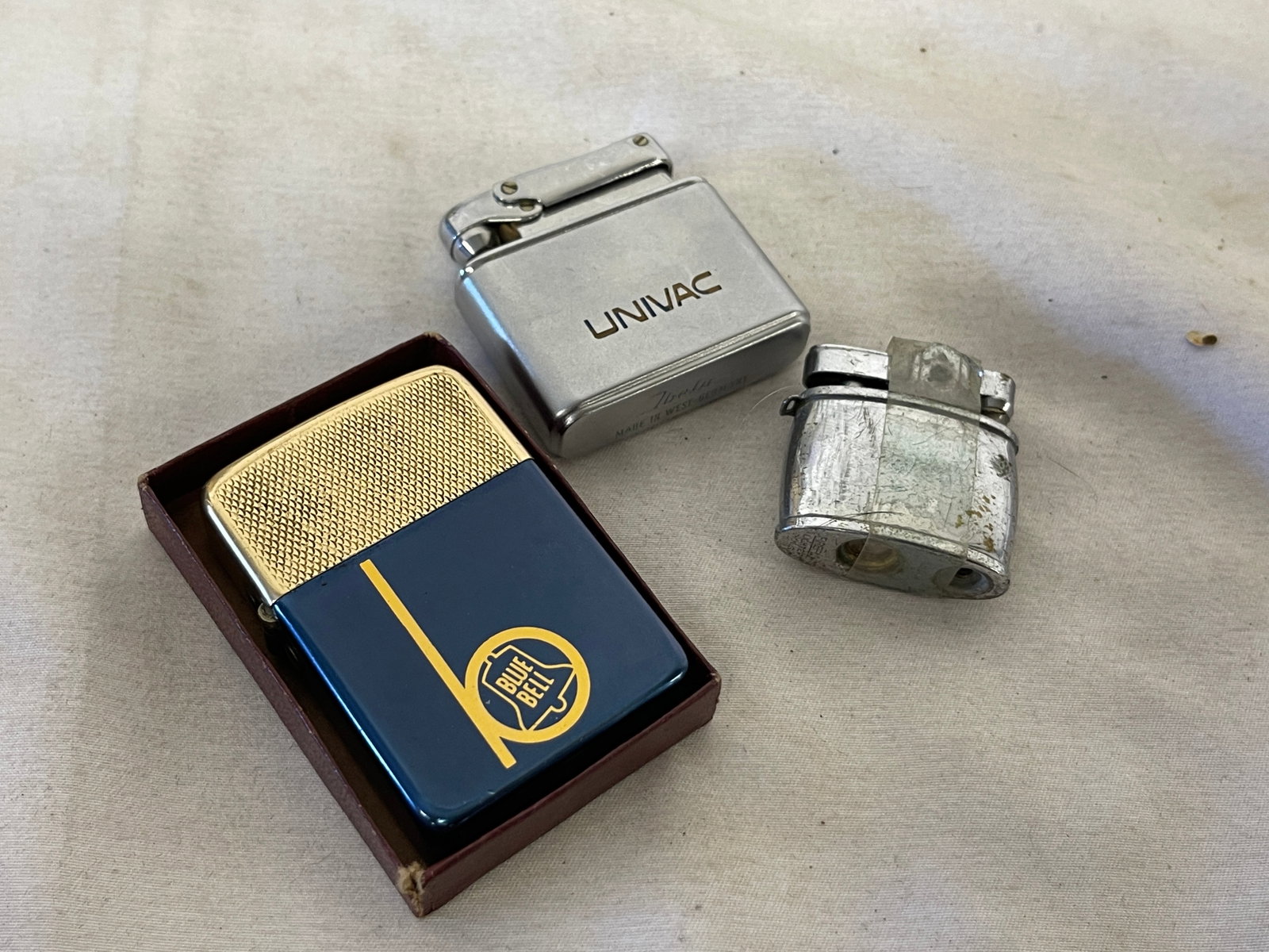Lot of 3 Vintage Advertising Lighters: Blue Bell/UNIVAC/Ibelo West Germany: Lot of 3 Vintage Advertising Lighters: Blue Bell/UNIVAC/Ibelo West Germany
