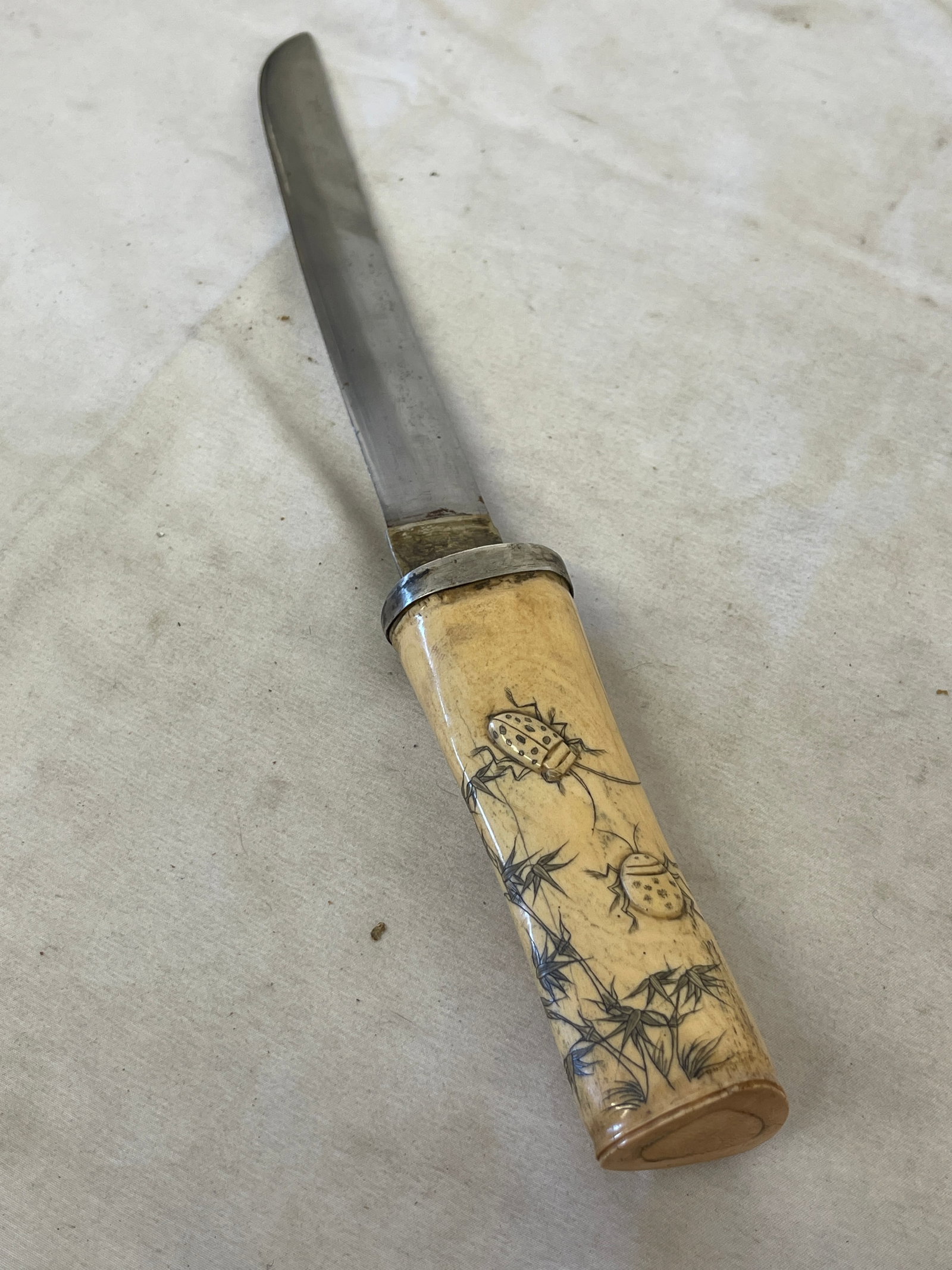 Japanese Tanto Knife Scrimshaw Bone Handle Beetles Bamboo Silver Collar 19th C (1 of 7)