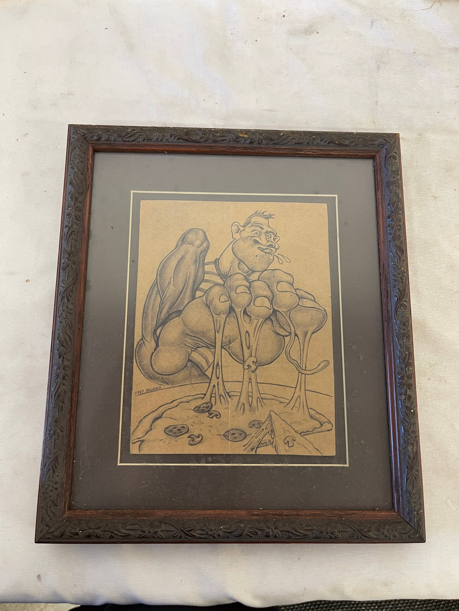 1997 Palanca Original Pencil Drawing Framed Surrealist Muscular Figure Art: 1997 Palanca Original Pencil Drawing Framed Surrealist Muscular Figure Art