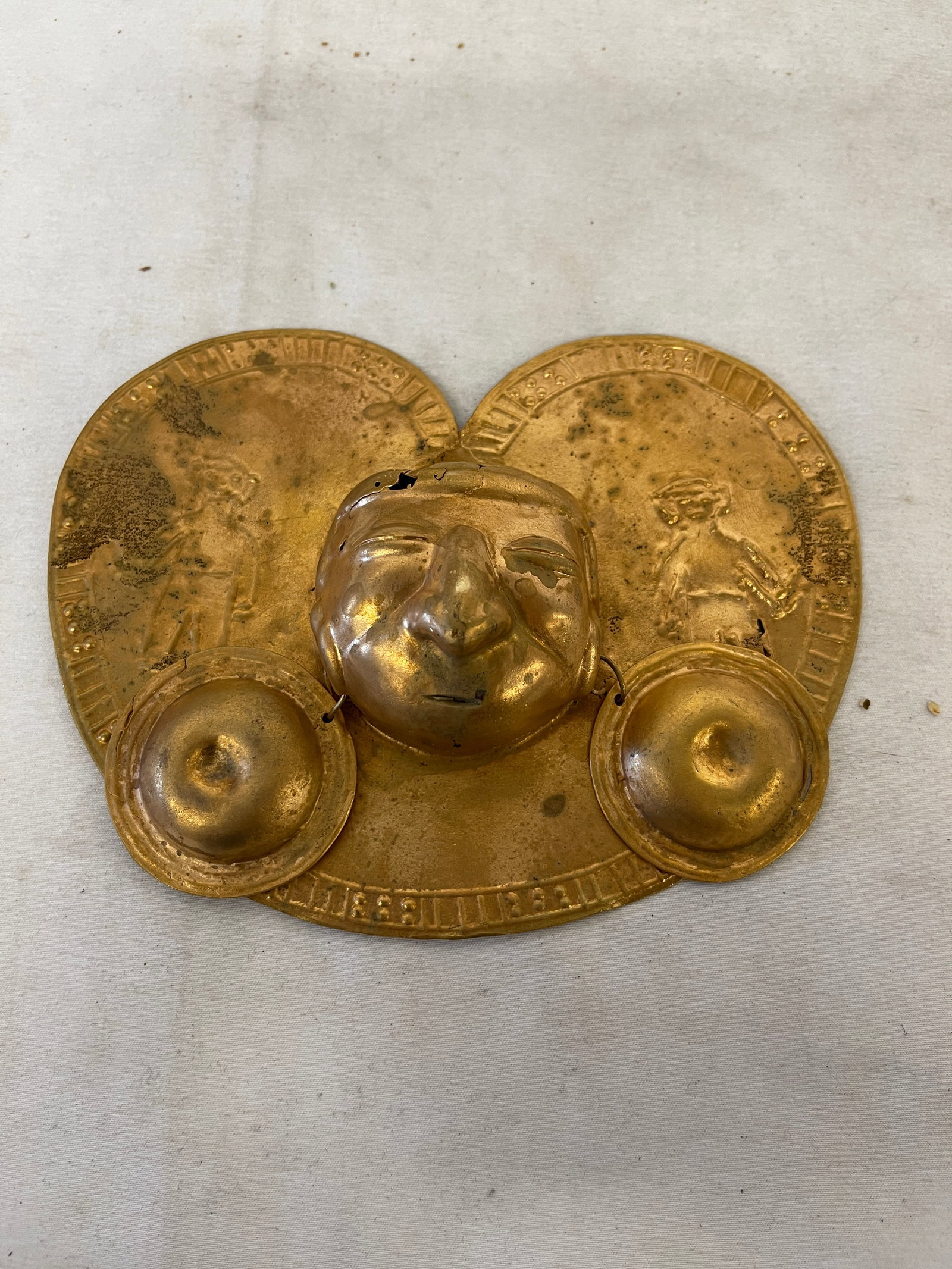 Antique Gilt Brass Double Inkwell Desk Set with Portrait Face & Coin Motifs (1 of 5)