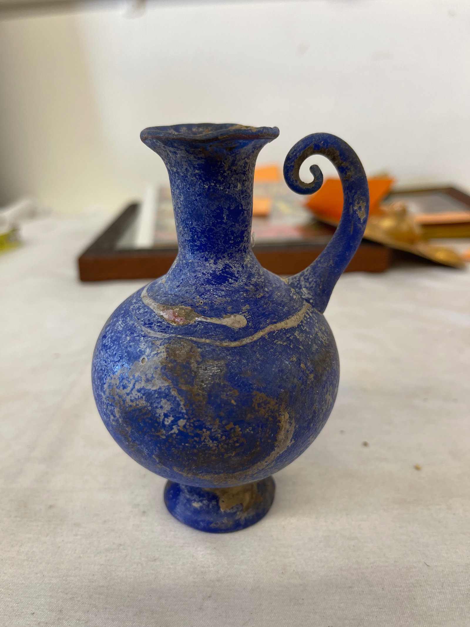 Ancient Roman Style Blue Glass Oinochoe Jug with Scrolled Handle, 5in (1 of 5)