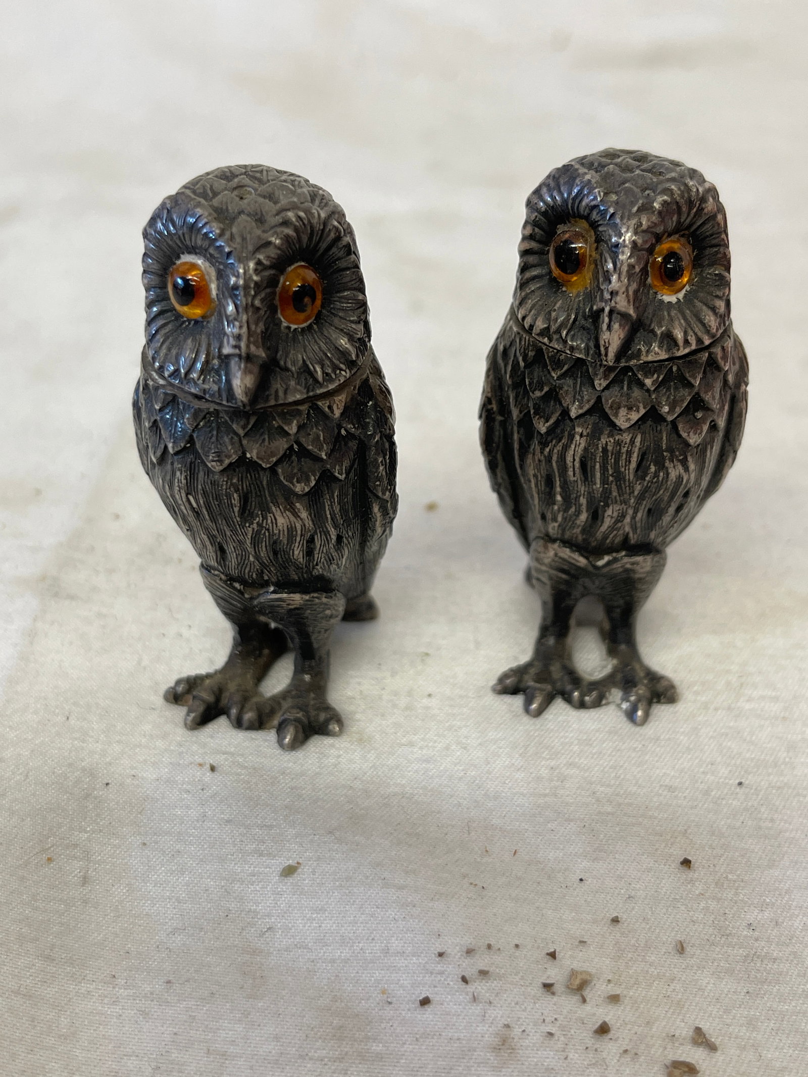Antique Sterling Silver Owl Salt & Pepper Shakers, Glass Eyes, England, c.1911 (1 of 9)