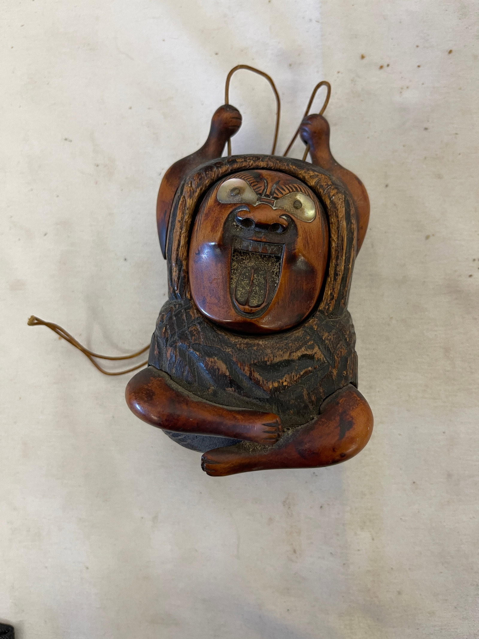 Japanese Antique Carved Wood Oni Demon Mask Netsuke Inro Box with Brass Inlay (1 of 4)
