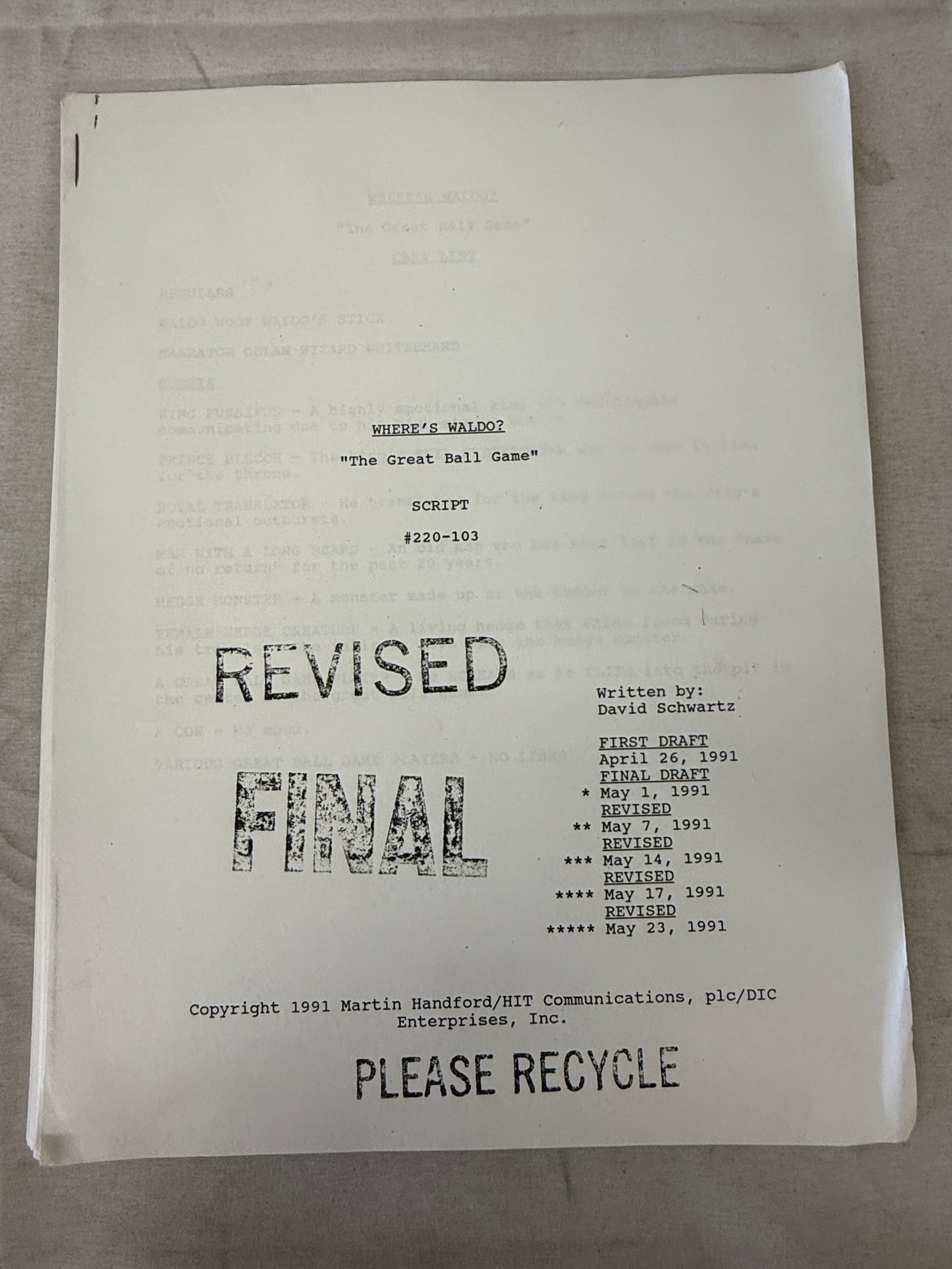 Where's Waldo? 'The Great Ball Game' Original Revised Final Script 1991 DIC: Where's Waldo? 'The Great Ball Game' Original Revised Final Script 1991 DIC