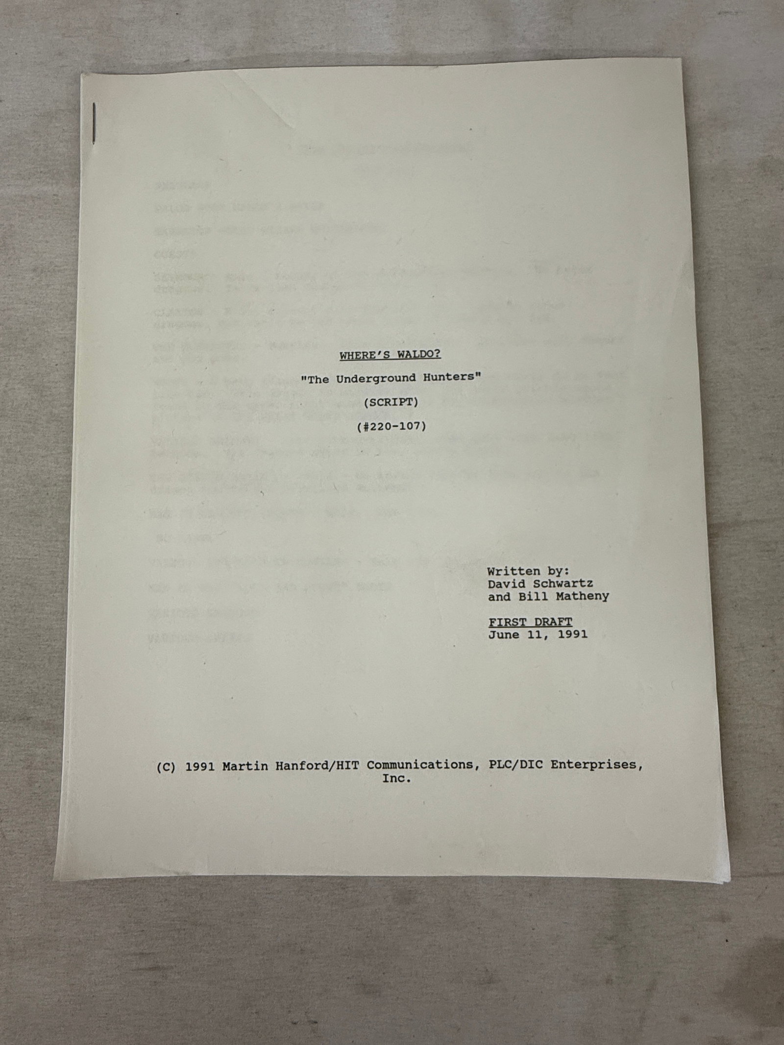 Where's Waldo? 'The Underground Hunters' Original 1991 First Draft TV Script (1 of 2)
