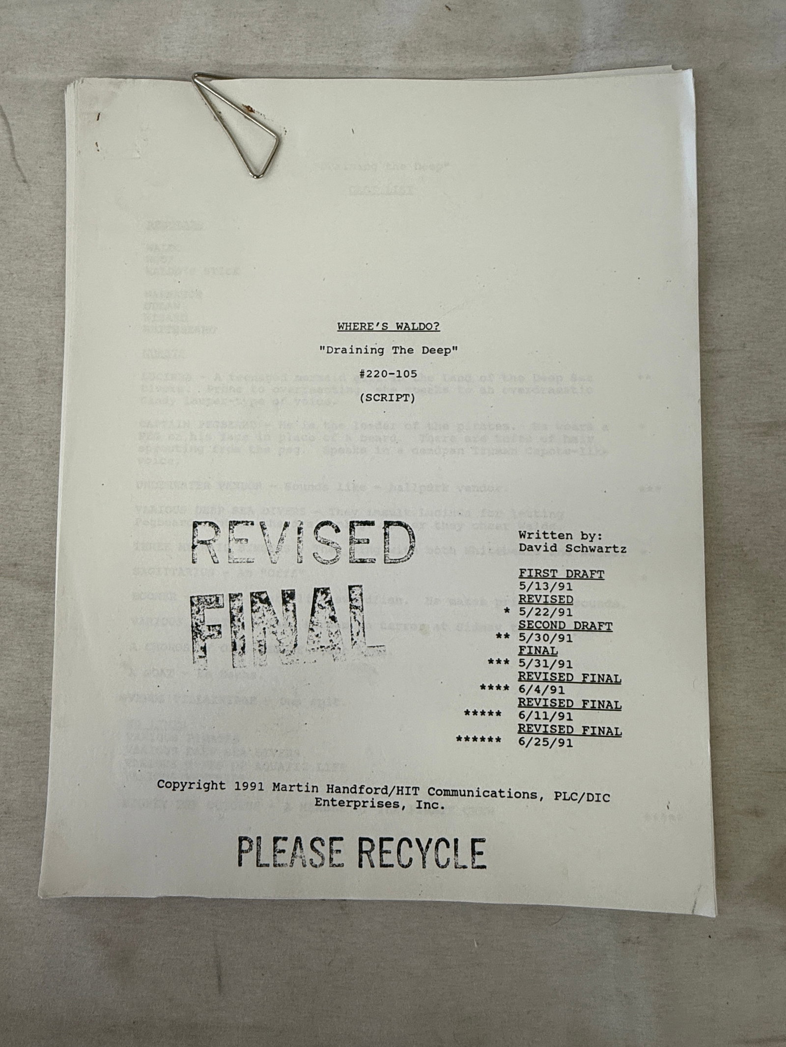 Where's Waldo? 'Draining the Deep' Original 1991 Revised Final Animated TV Script (1 of 2)