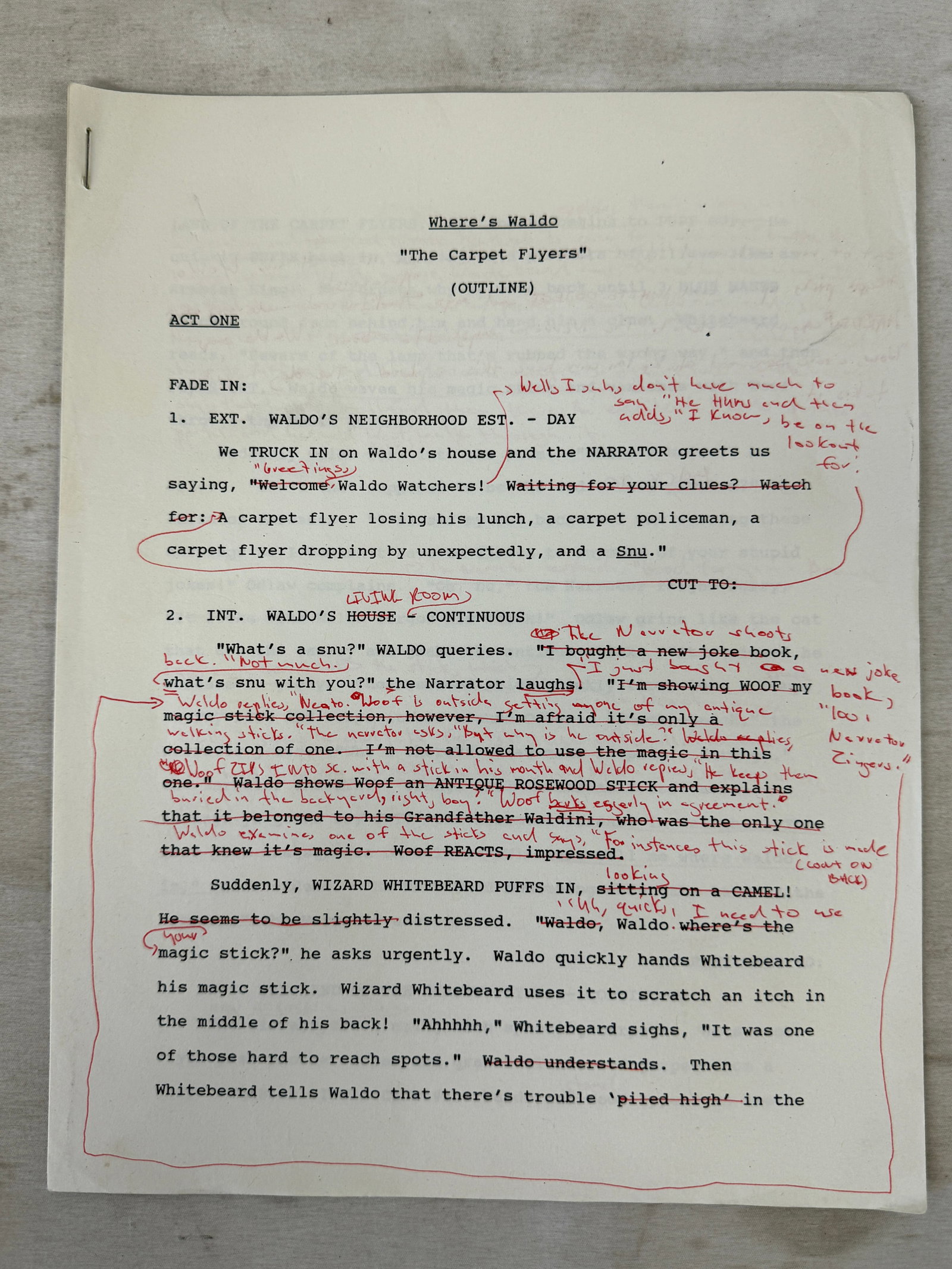 Where's Waldo 'The Carpet Flyers' Original Annotated TV Script Outline (1 of 2)