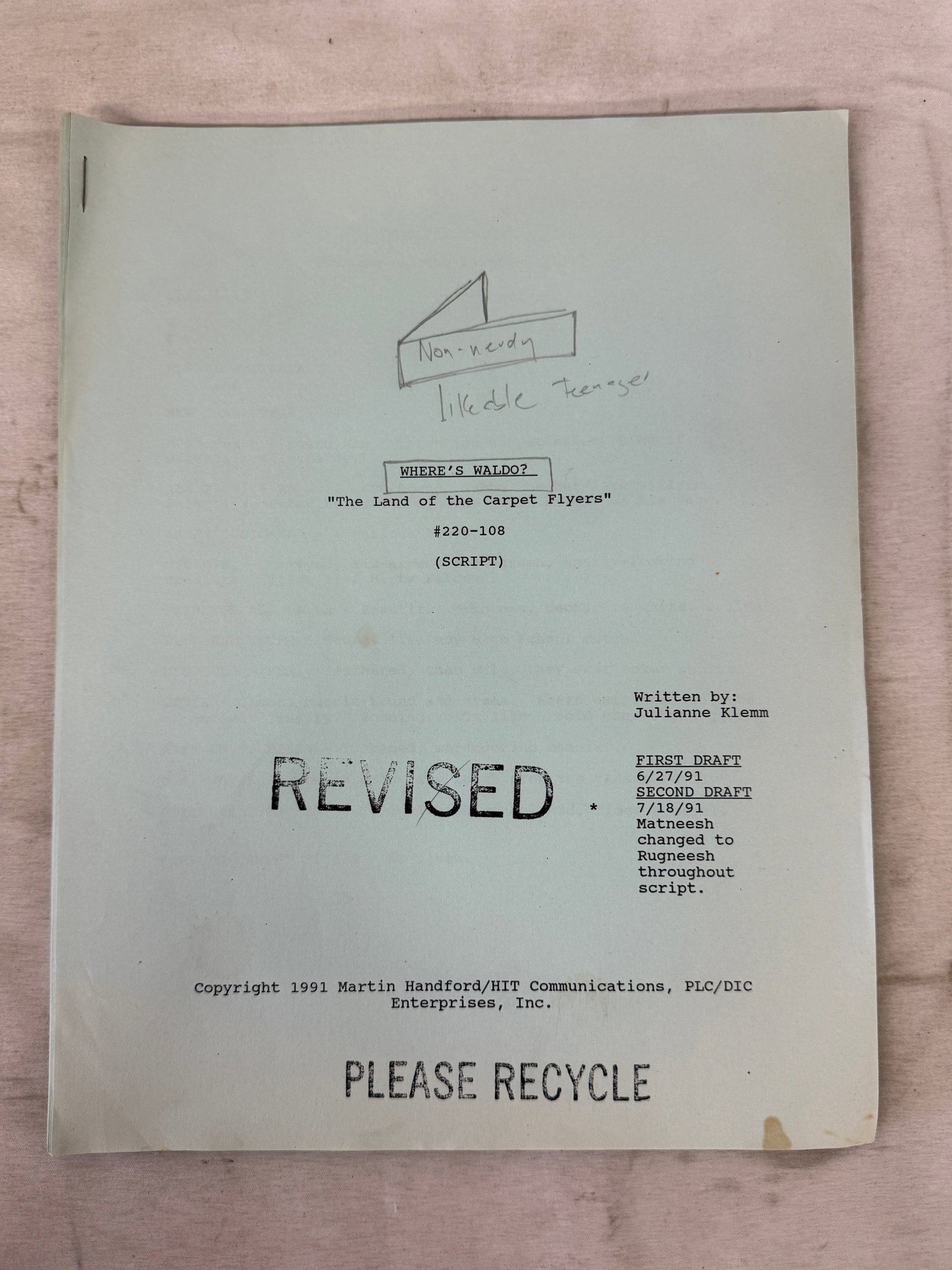 Where's Waldo? 1991 Animated Series Original Production Script, Revised Draft (1 of 2)