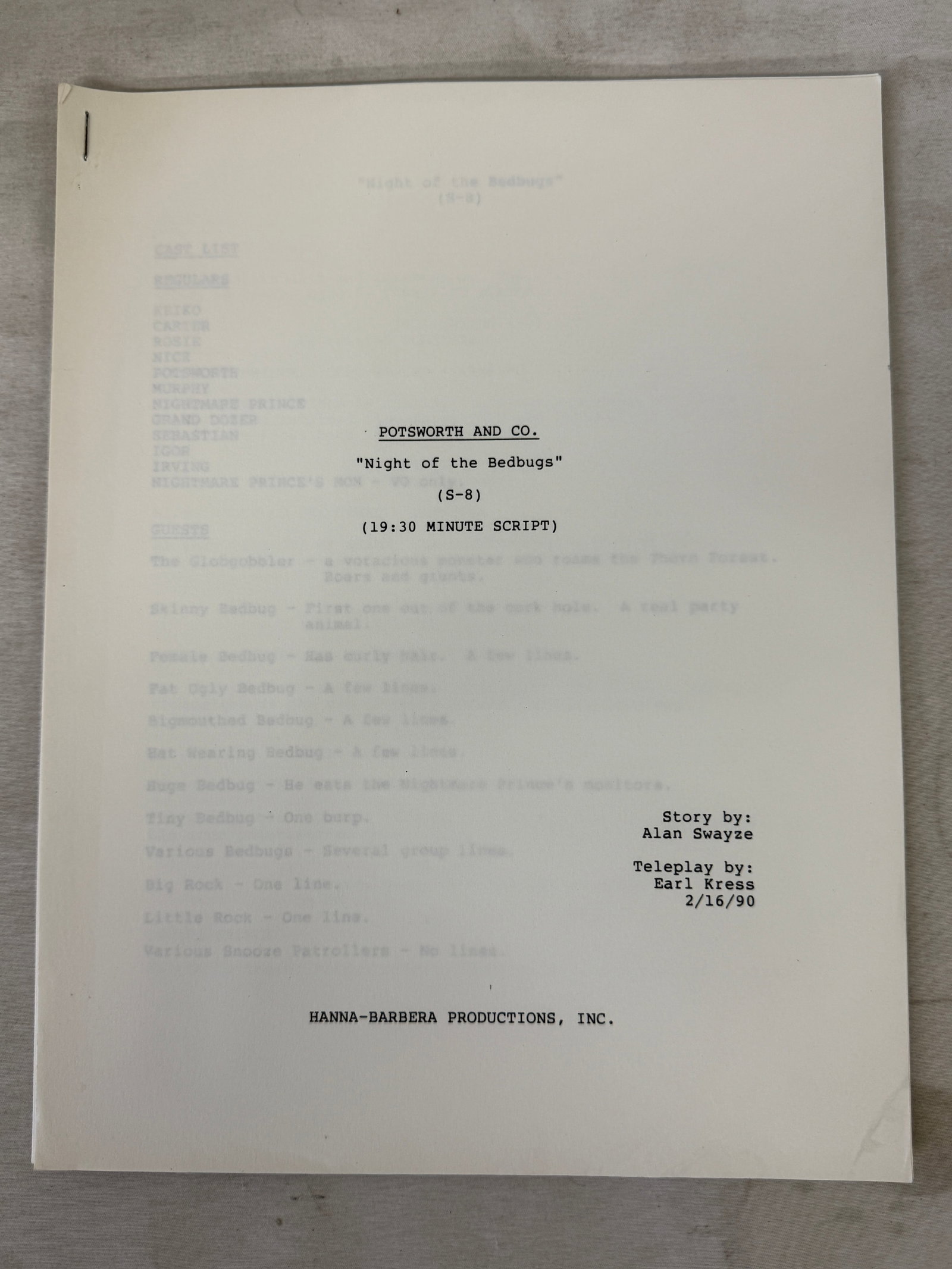 Potsworth & Co. 'Night of the Bedbugs' Original Hanna-Barbera Production Script 1990: Potsworth & Co. 'Night of the Bedbugs' Original Hanna-Barbera Production Script 1990