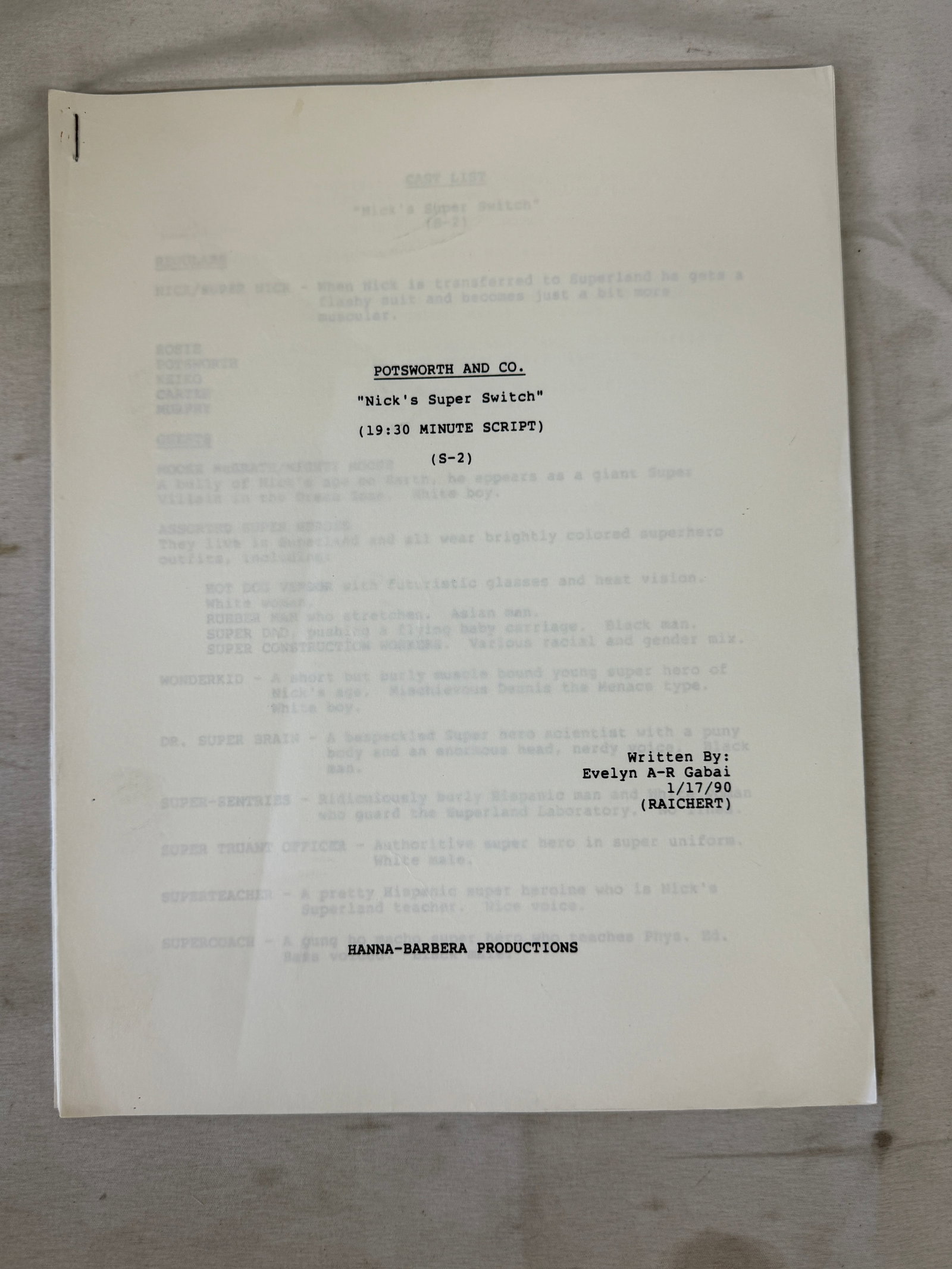 Potsworth & Co 'Nick's Super Switch' Hanna-Barbera Original Script 1990 (1 of 2)