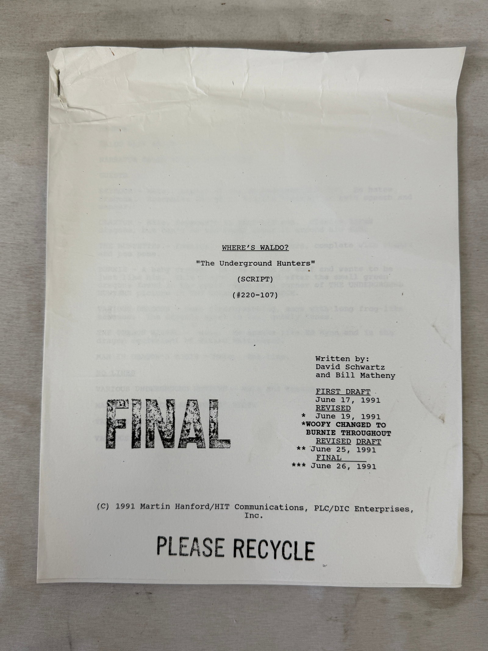 Where's Waldo? 'The Underground Hunters' Original 1991 Animated TV Script Final Draft (1 of 2)