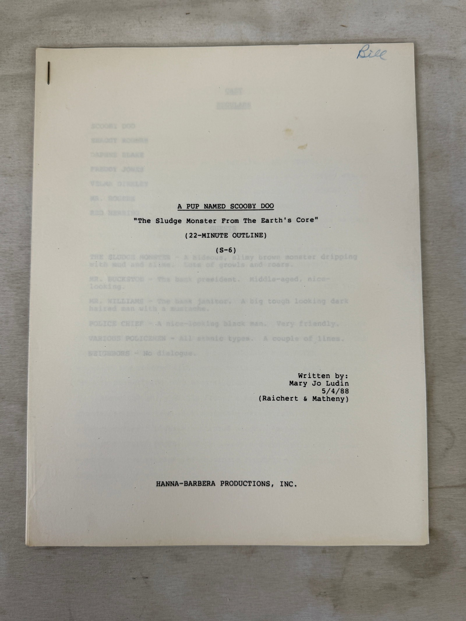 A Pup Named Scooby-Doo Hanna-Barbera 1988 Original TV Script Outline (1 of 2)