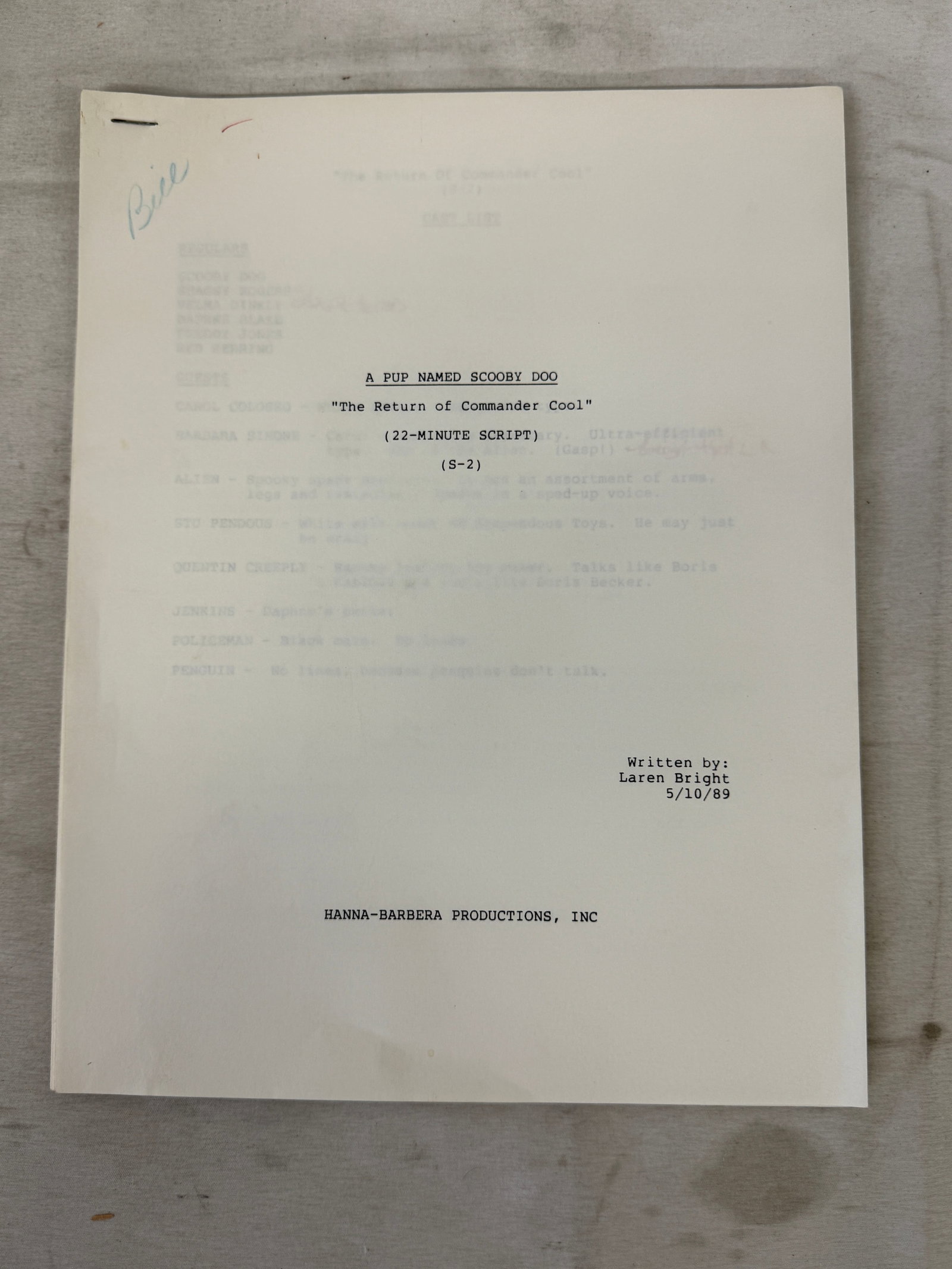 A Pup Named Scooby-Doo Hanna-Barbera Original Production Script 1989 (1 of 2)