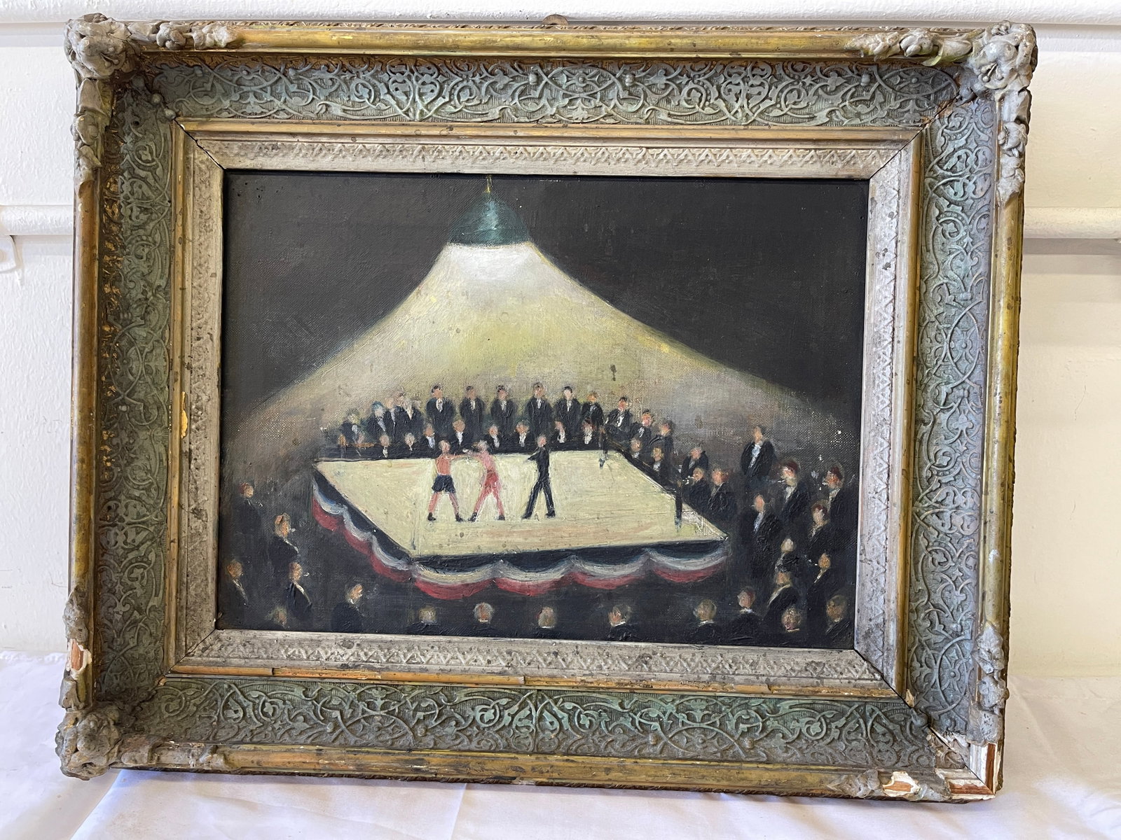 Antique Oil on Canvas Boxing Match Painting by Walter Parkes, Framed (1 of 4)