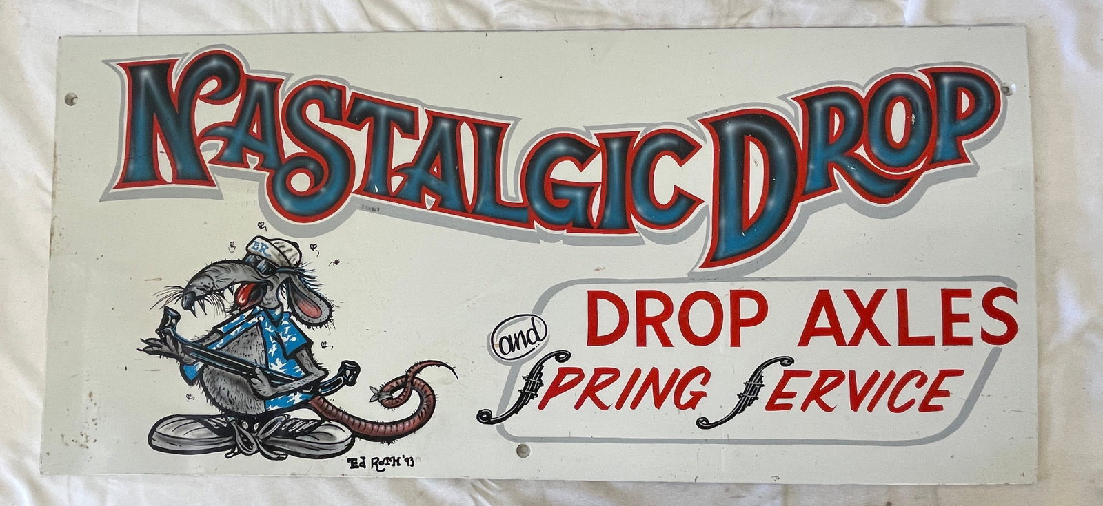 Ed Roth Rat Fink Nastalgic Drop Axles & Spring Service Sign 1993 37x17 (1 of 4)